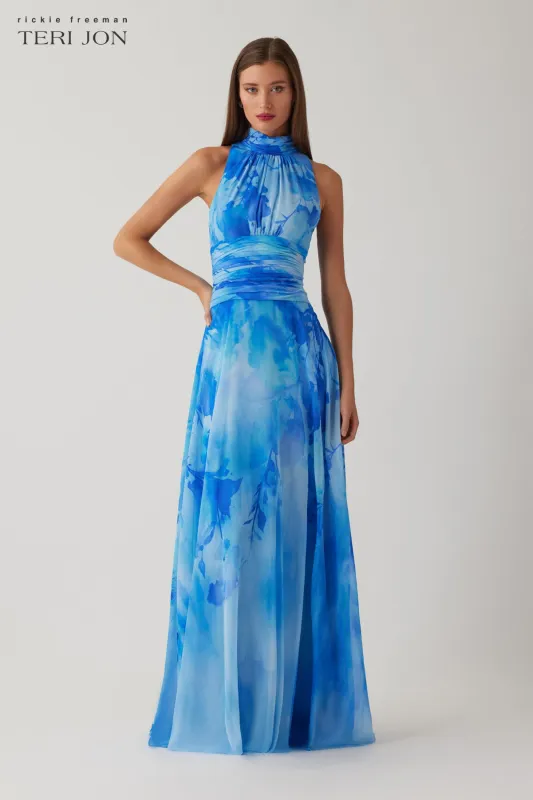 Chiffon Cloud Print Mock Neck Halter Drop Waist Gown sold by Teri Jon