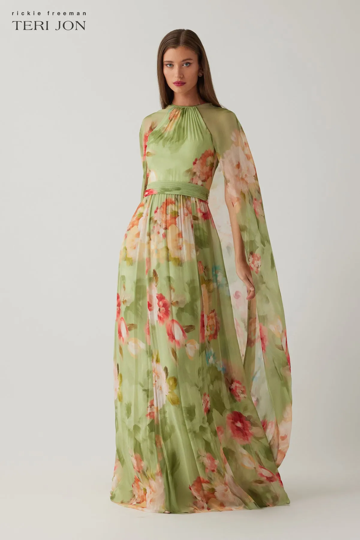 Chiffon Floral Cape Gown sold by Teri Jon product image thumbnail 5
