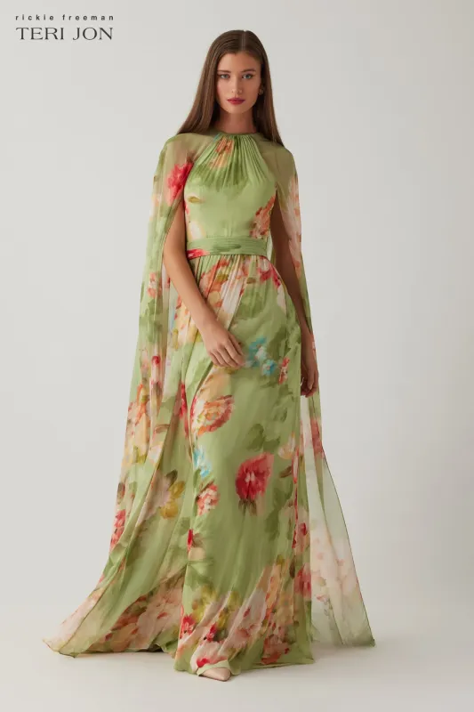 Chiffon Floral Cape Gown made by Teri Jon