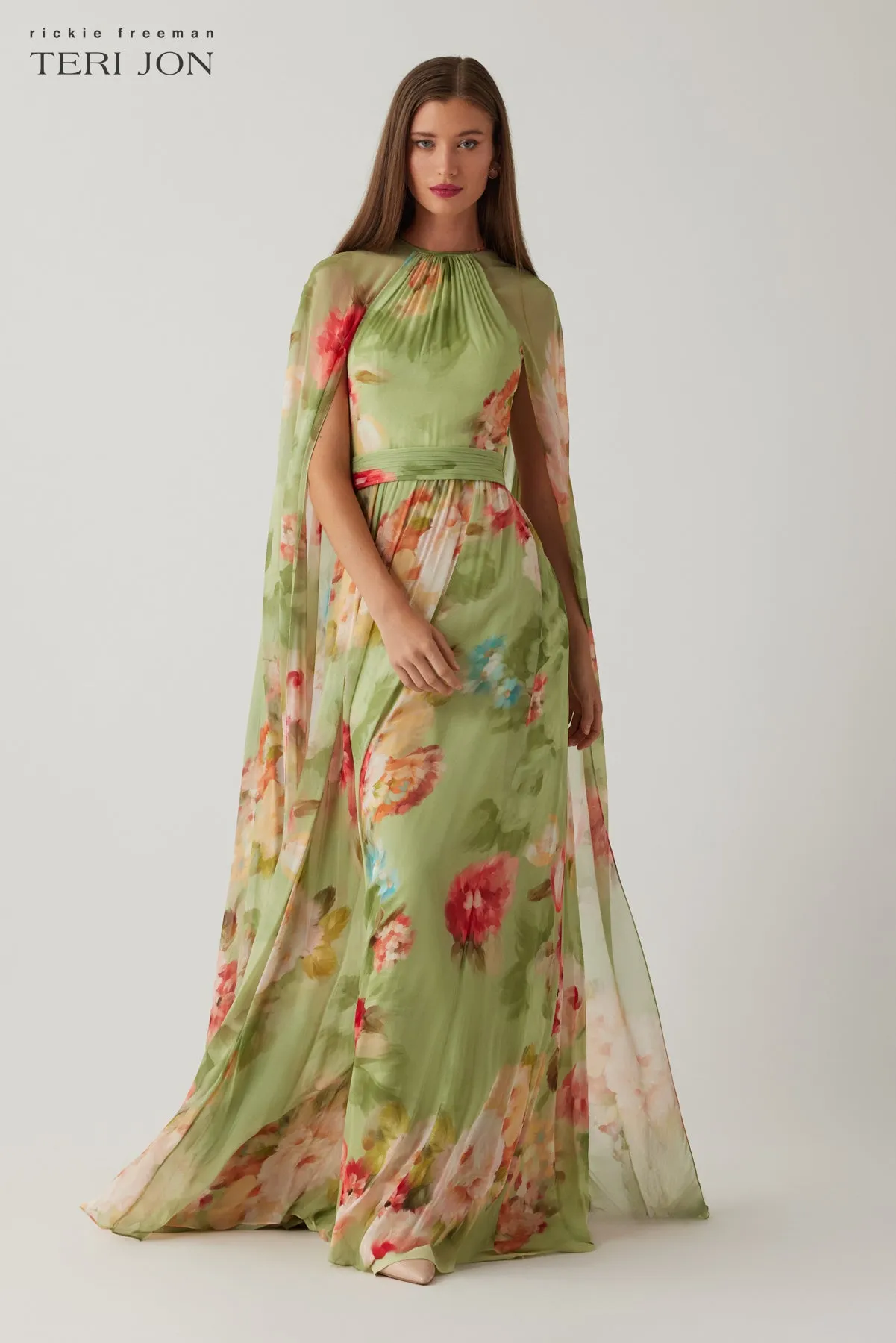 Chiffon Floral Cape Gown sold by Teri Jon