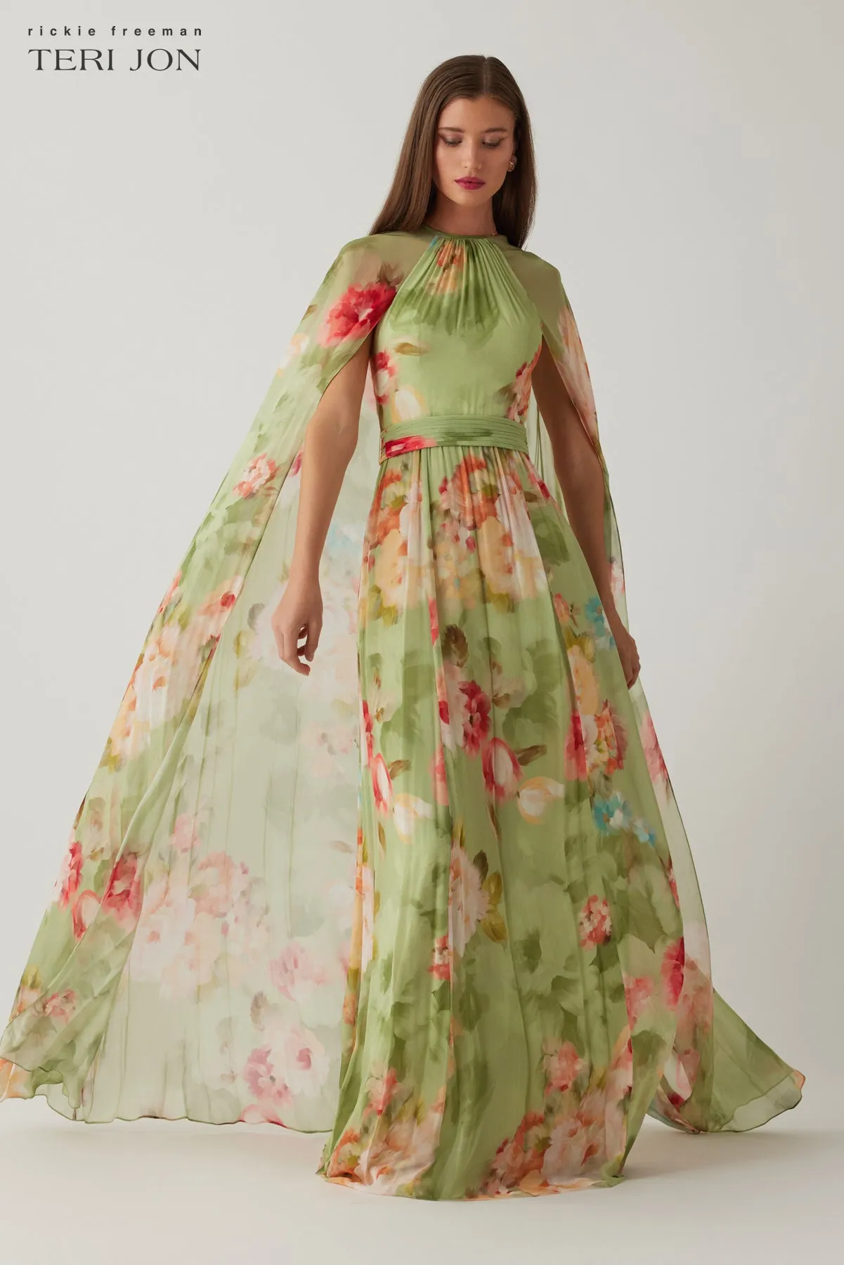 Chiffon Floral Cape Gown sold by Teri Jon product image thumbnail 2