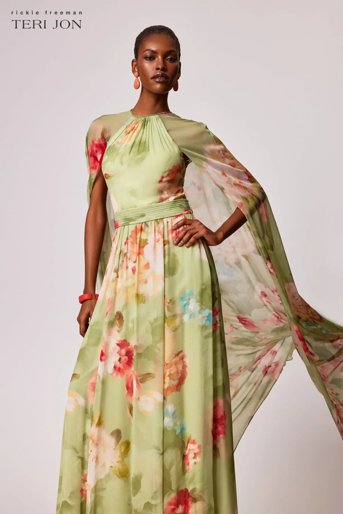 Chiffon Floral Cape Gown sold by Teri Jon product image thumbnail 4