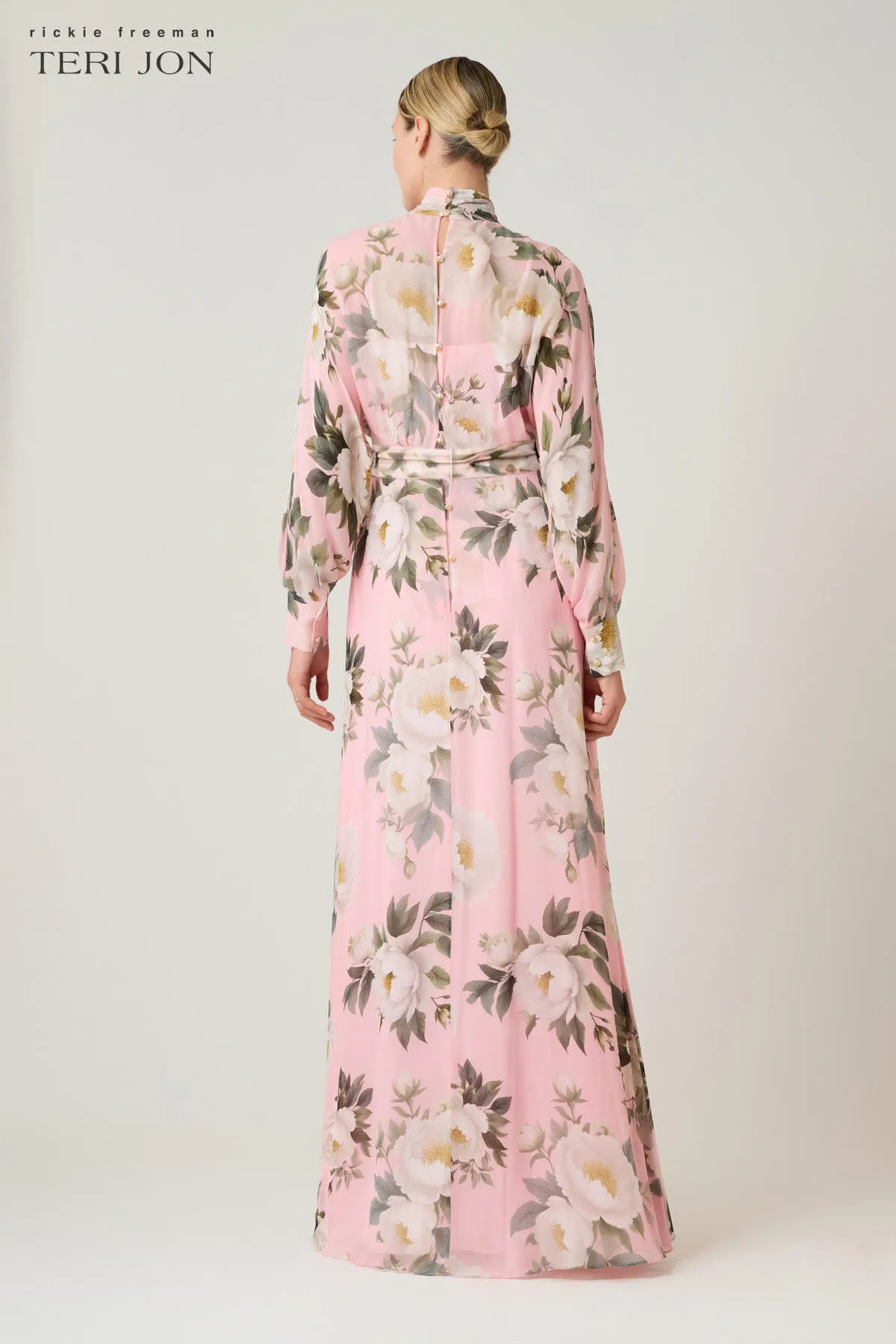 Chiffon Floral Print Tie Neck Long Sleeve Gown sold by Teri Jon product image thumbnail 4