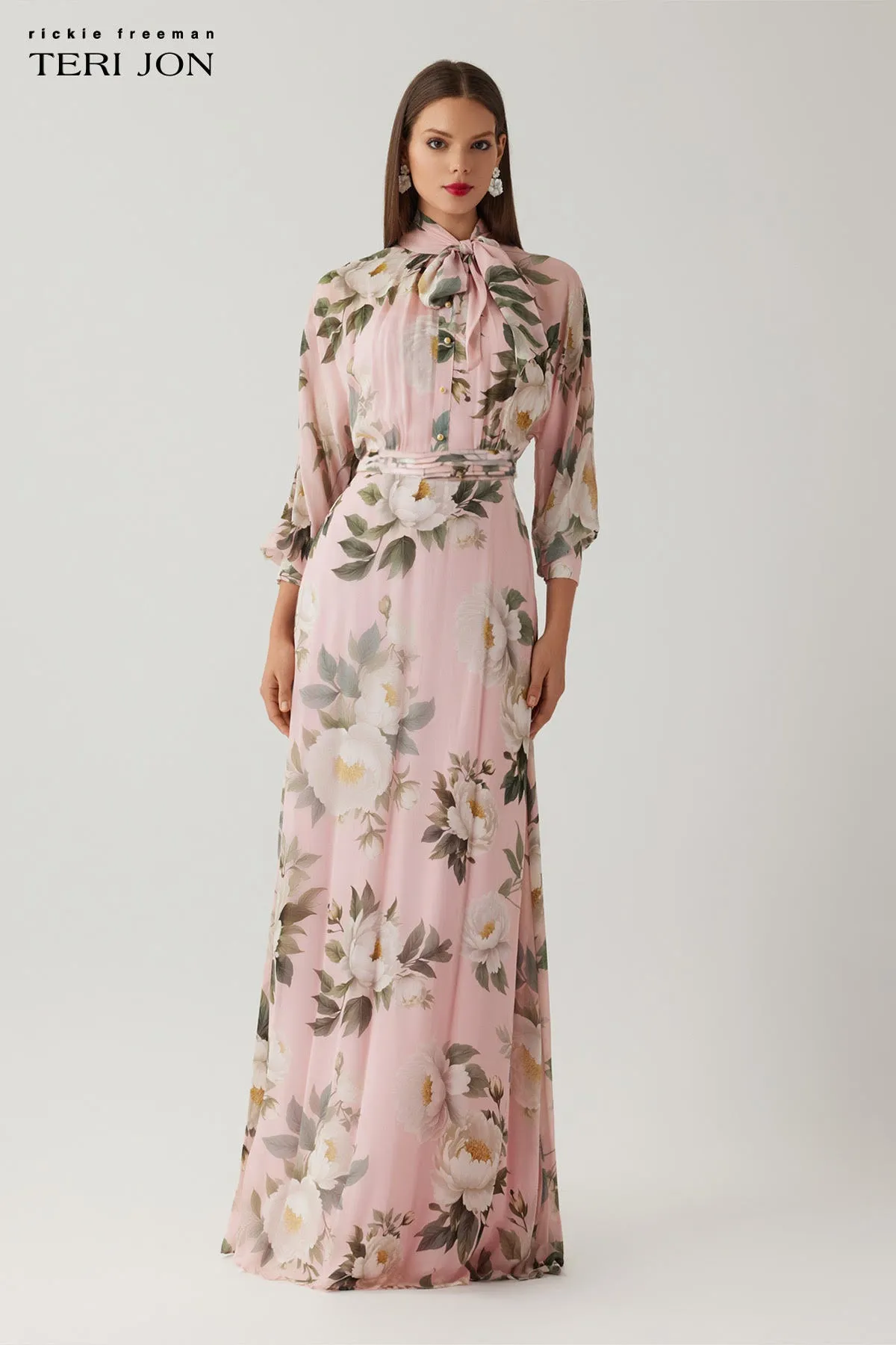 Chiffon Floral Print Tie Neck Long Sleeve Gown sold by Teri Jon product image thumbnail 2