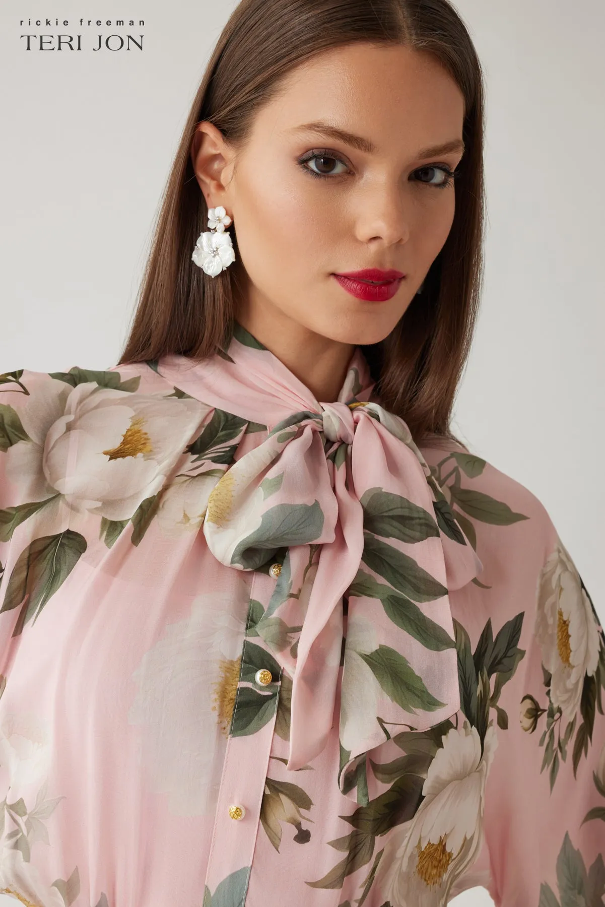 Chiffon Floral Print Tie Neck Long Sleeve Gown sold by Teri Jon product image thumbnail 3