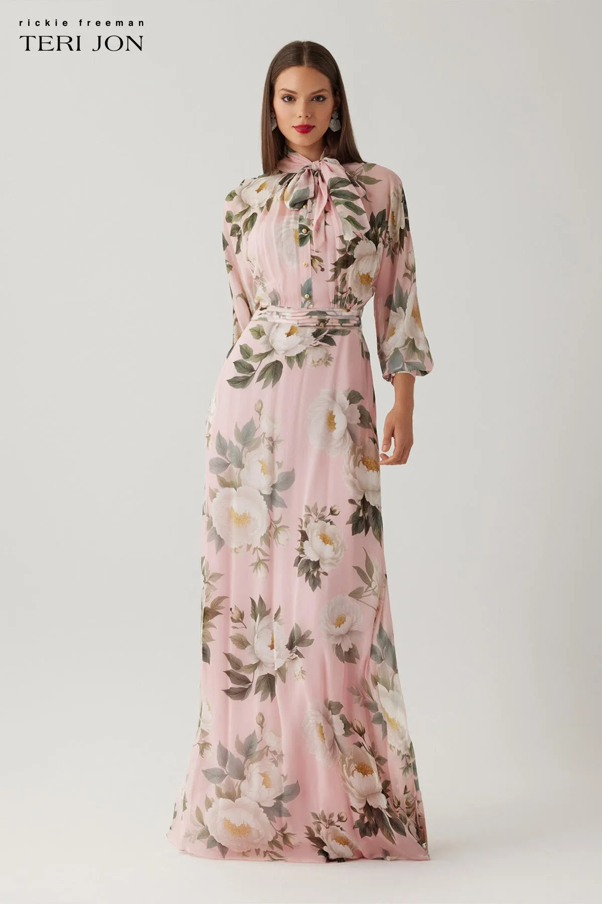 Chiffon Floral Print Tie Neck Long Sleeve Gown sold by Teri Jon