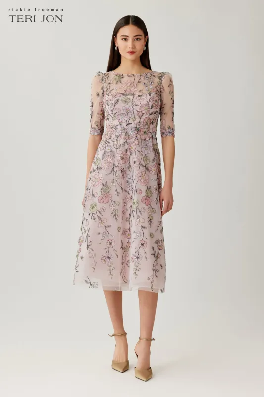 Floral Embroidered Tulle Elbow Sleeve Cocktail Dress sold by Teri Jon
