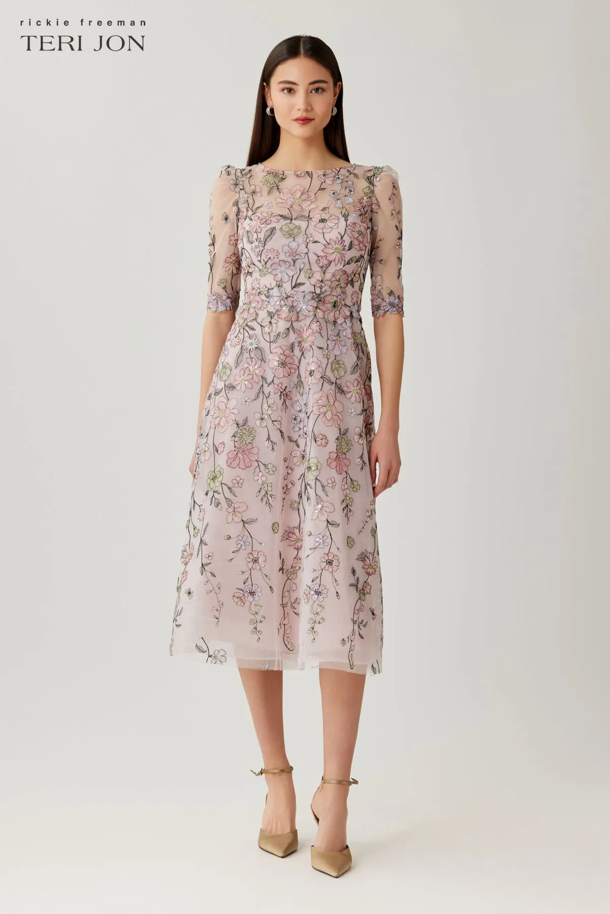 Floral Embroidered Tulle Elbow Sleeve Cocktail Dress sold by Teri Jon