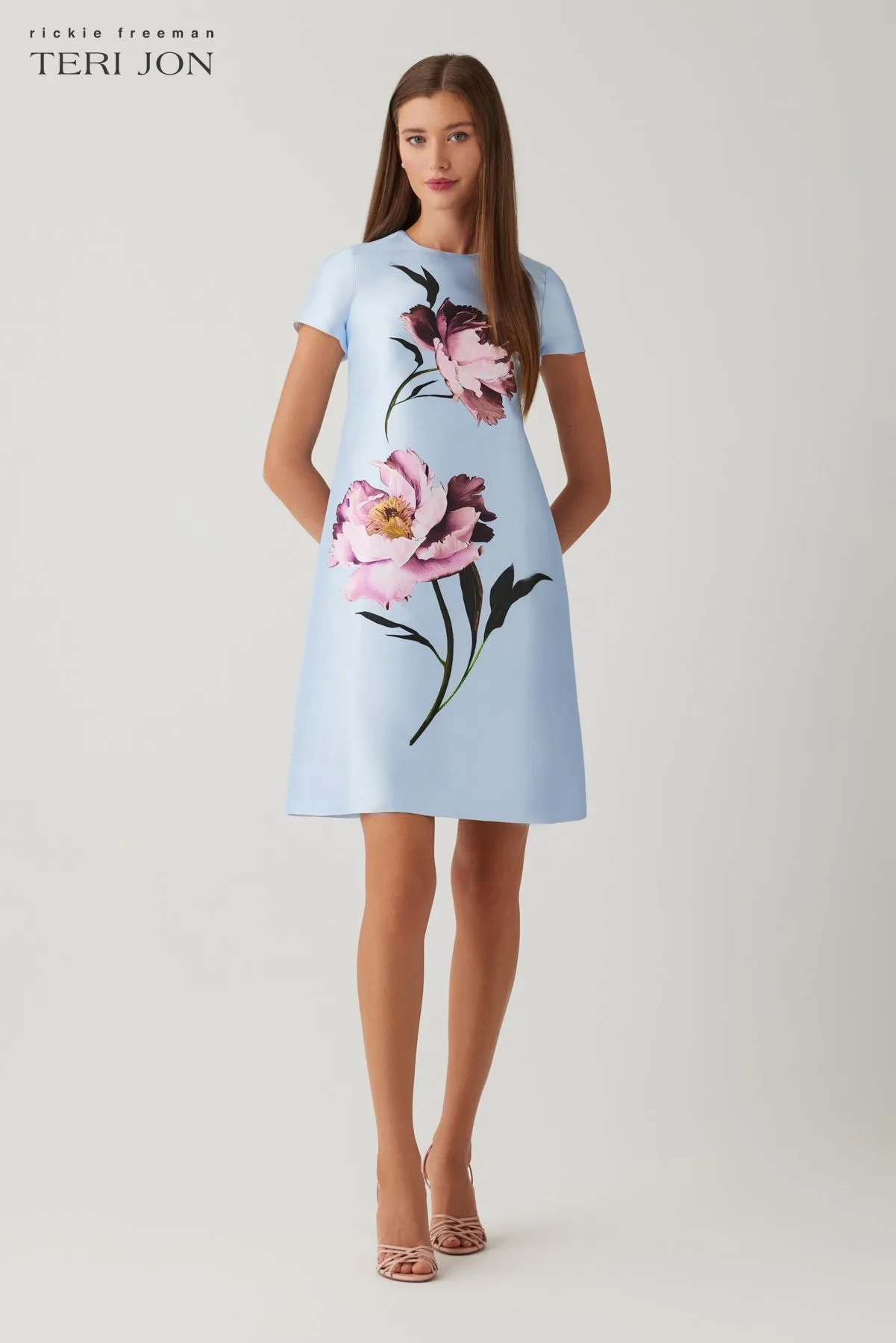 Faille Cap-Sleeve A-Line Dress with Floral Detail sold by Teri Jon