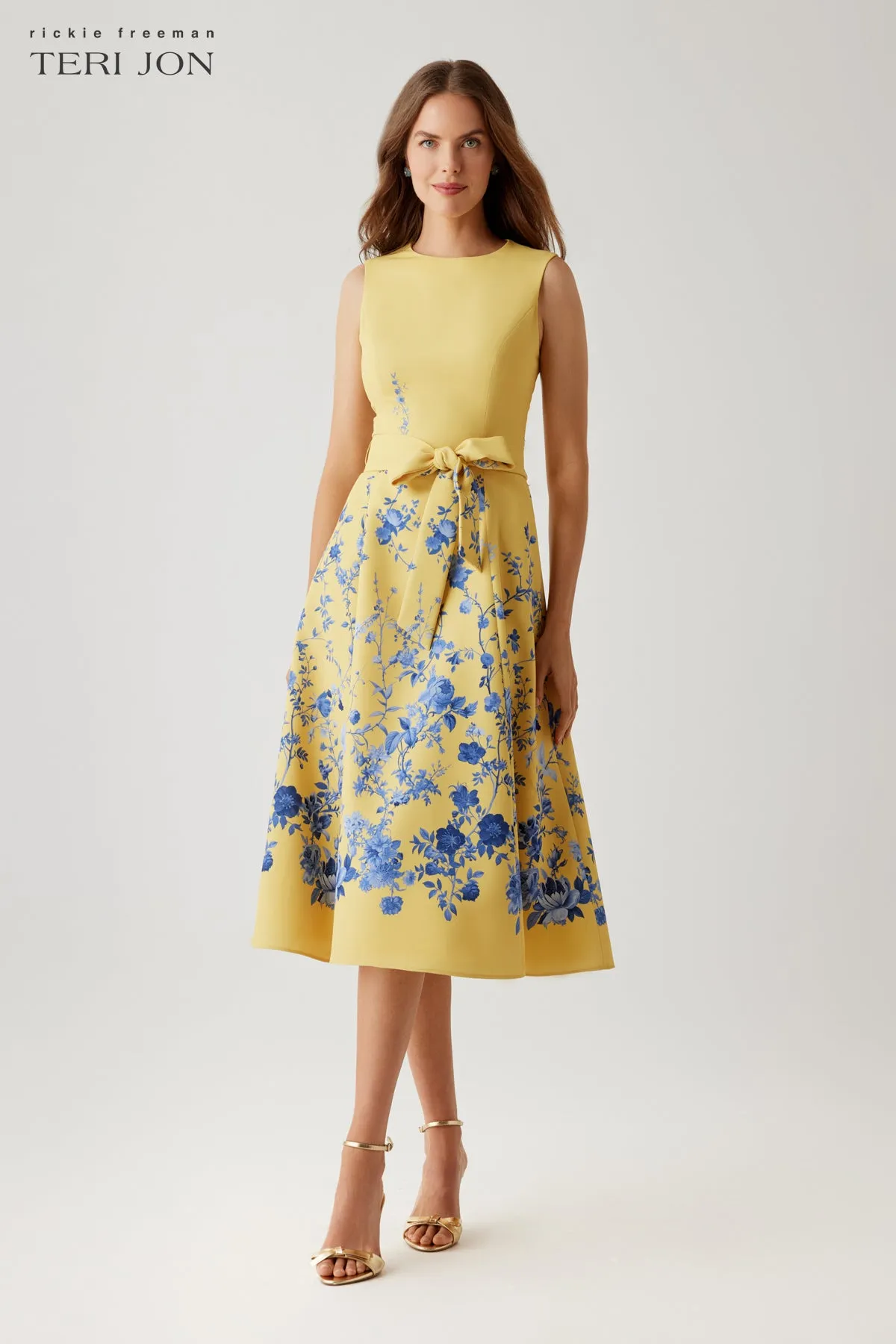 Crepe Floral Border Print Belted Dress sold by Teri Jon
