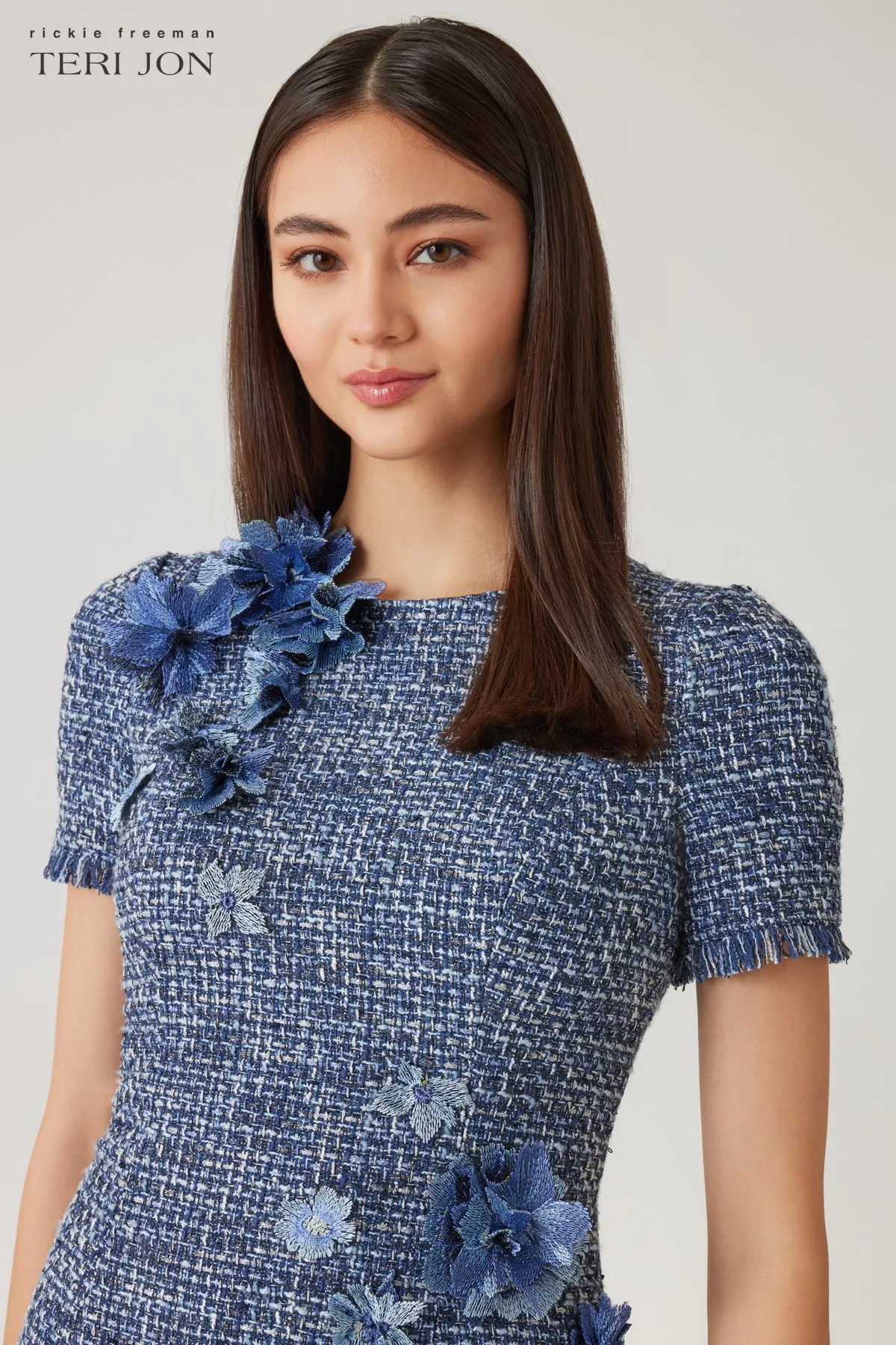 Tweed Short Sleeve 3D Flower Trim Dress sold by Teri Jon product image thumbnail 3
