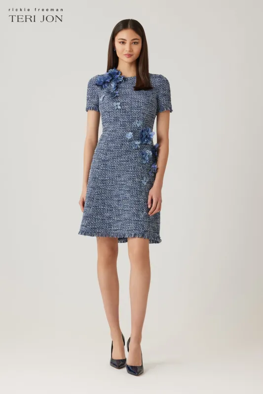 Tweed Short Sleeve 3D Flower Trim Dress made by Teri Jon