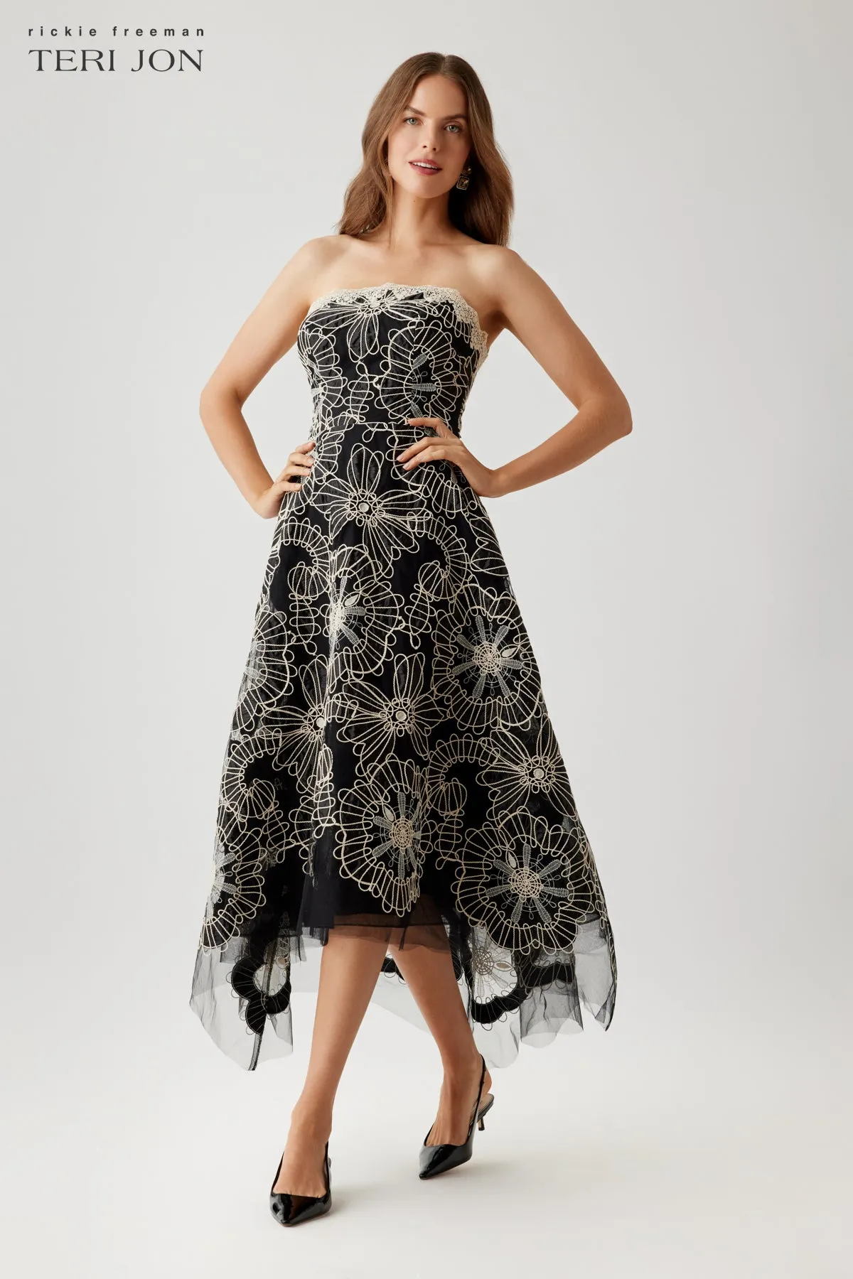 Embroidered Tulle High Low Tea Length Dress sold by Teri Jon product image thumbnail 2