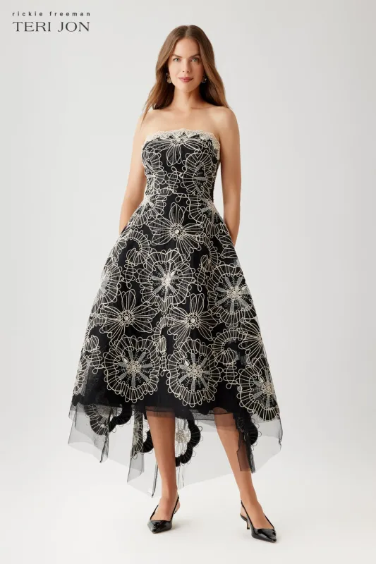 Embroidered Tulle High Low Tea Length Dress made by Teri Jon
