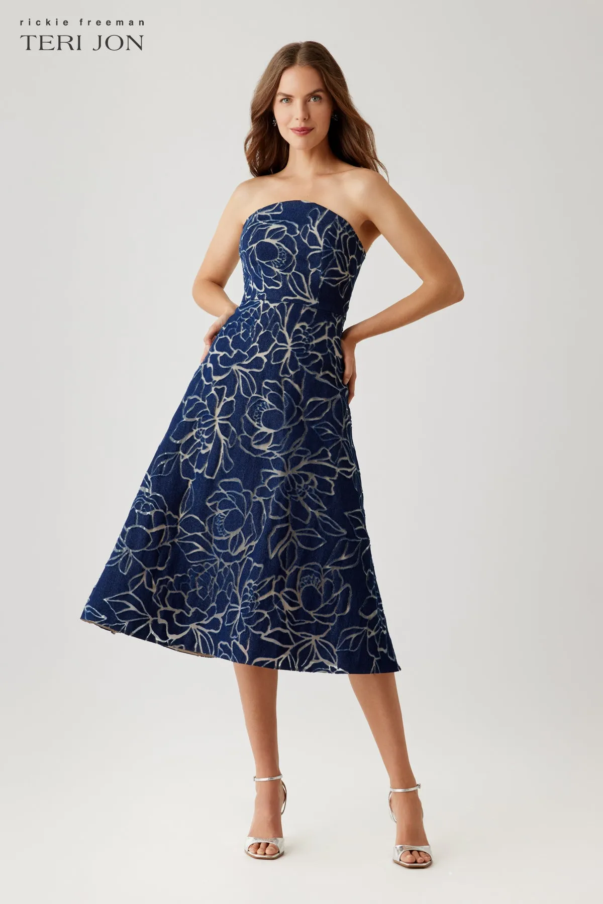 Denim Burnout Strapless Tea Length Dress sold by Teri Jon product image thumbnail 2
