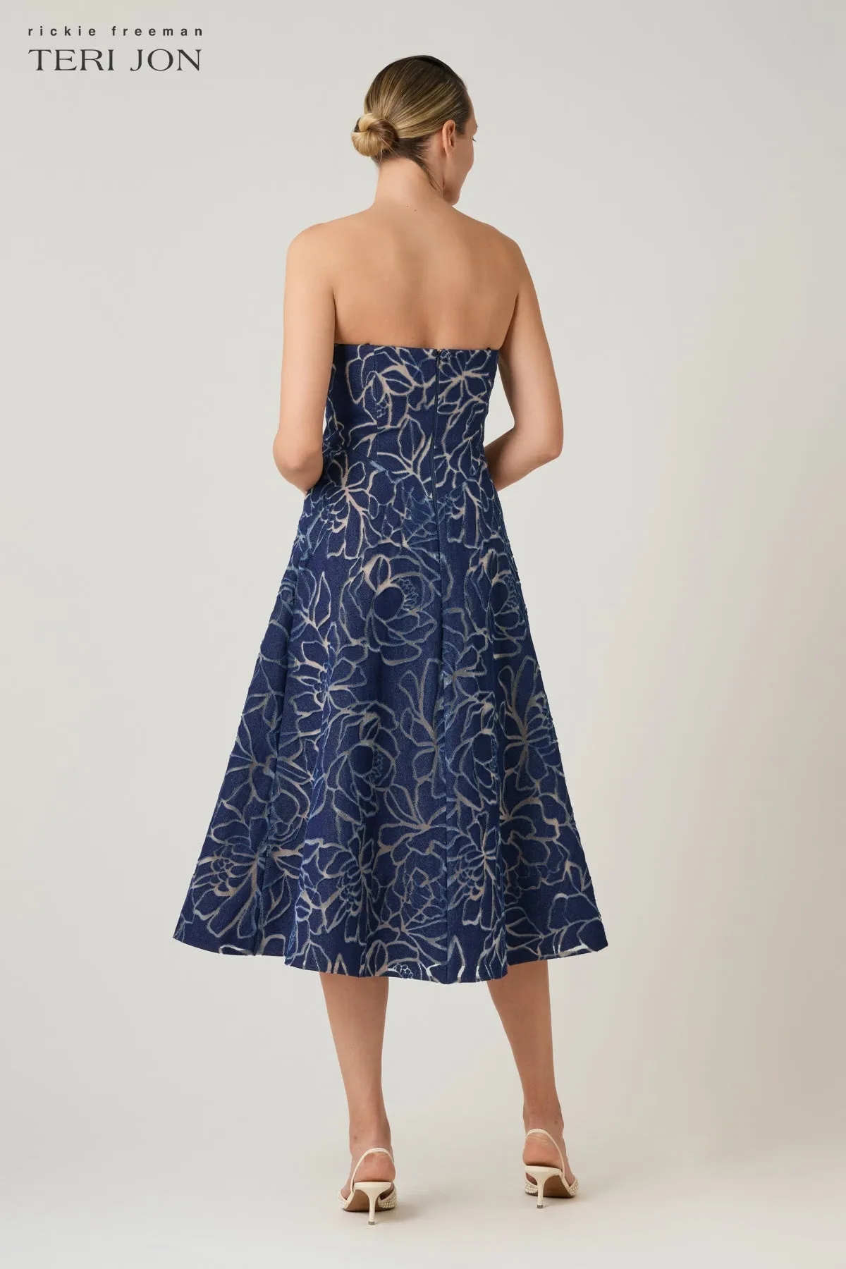 Denim Burnout Strapless Tea Length Dress sold by Teri Jon product image thumbnail 4