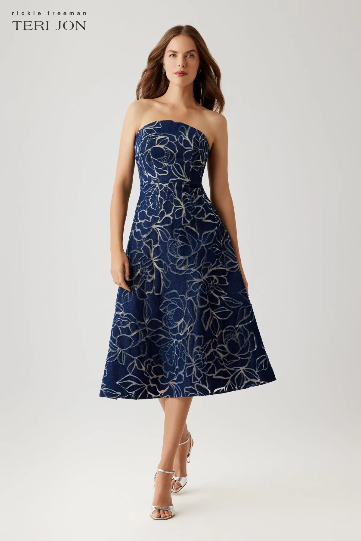 Denim Burnout Strapless Tea Length Dress sold by Teri Jon