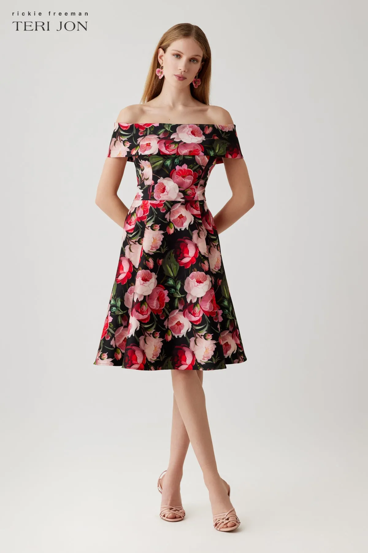 Mikado Off The Shoulder Floral Print Fit And Flare Dress sold by Teri Jon product image thumbnail 2