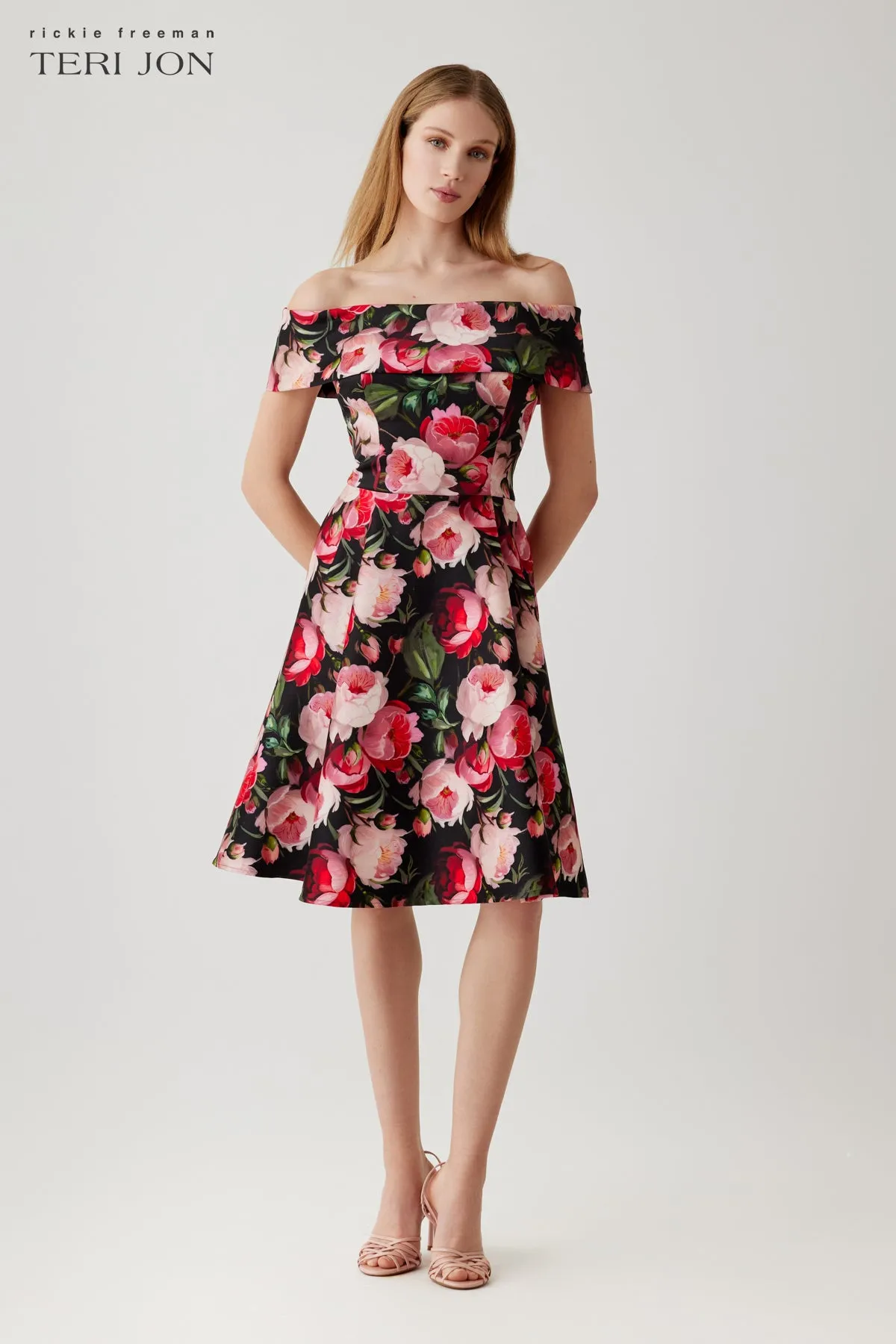 Mikado Off The Shoulder Floral Print Fit And Flare Dress sold by Teri Jon