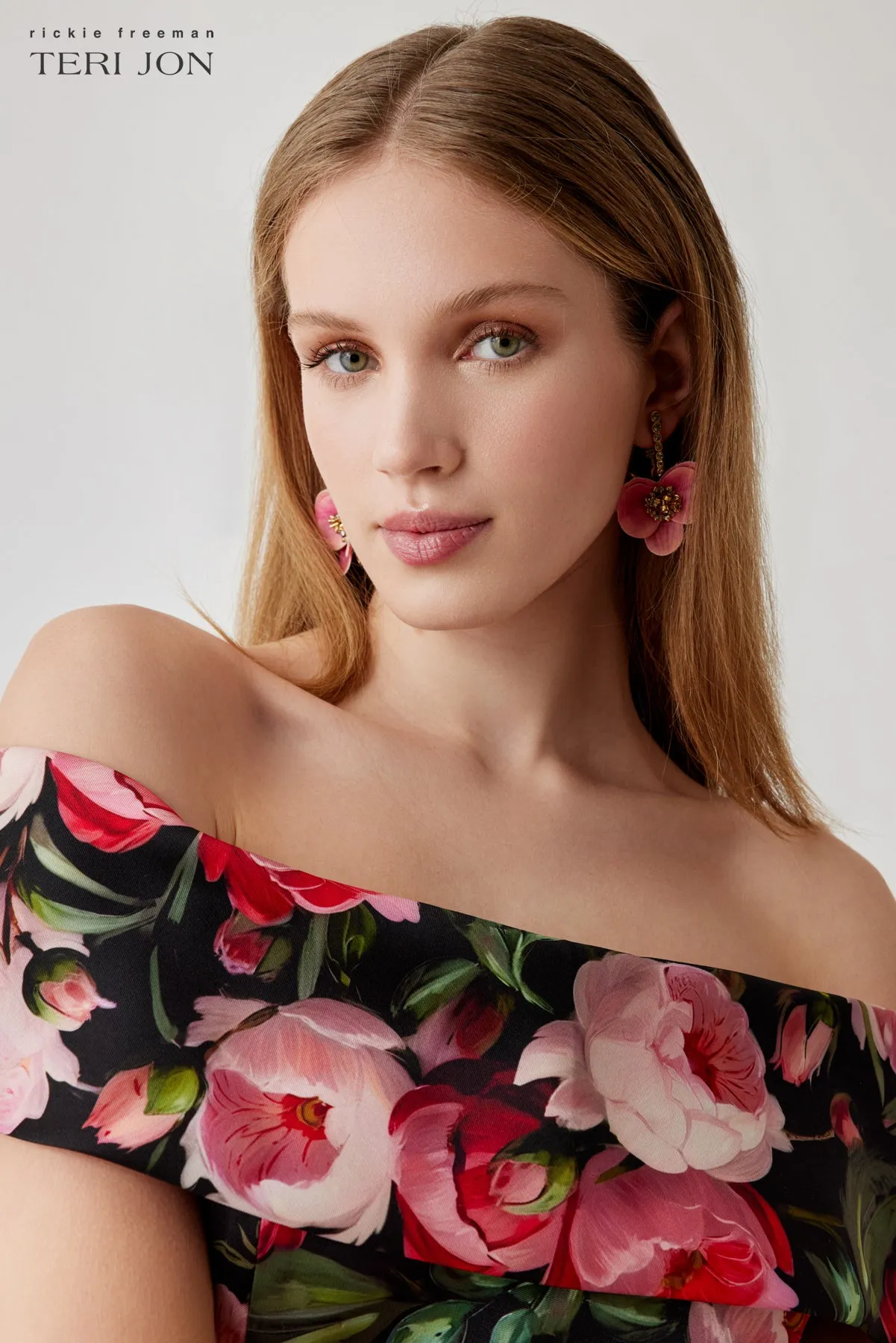 Mikado Off The Shoulder Floral Print Fit And Flare Dress sold by Teri Jon product image thumbnail 3