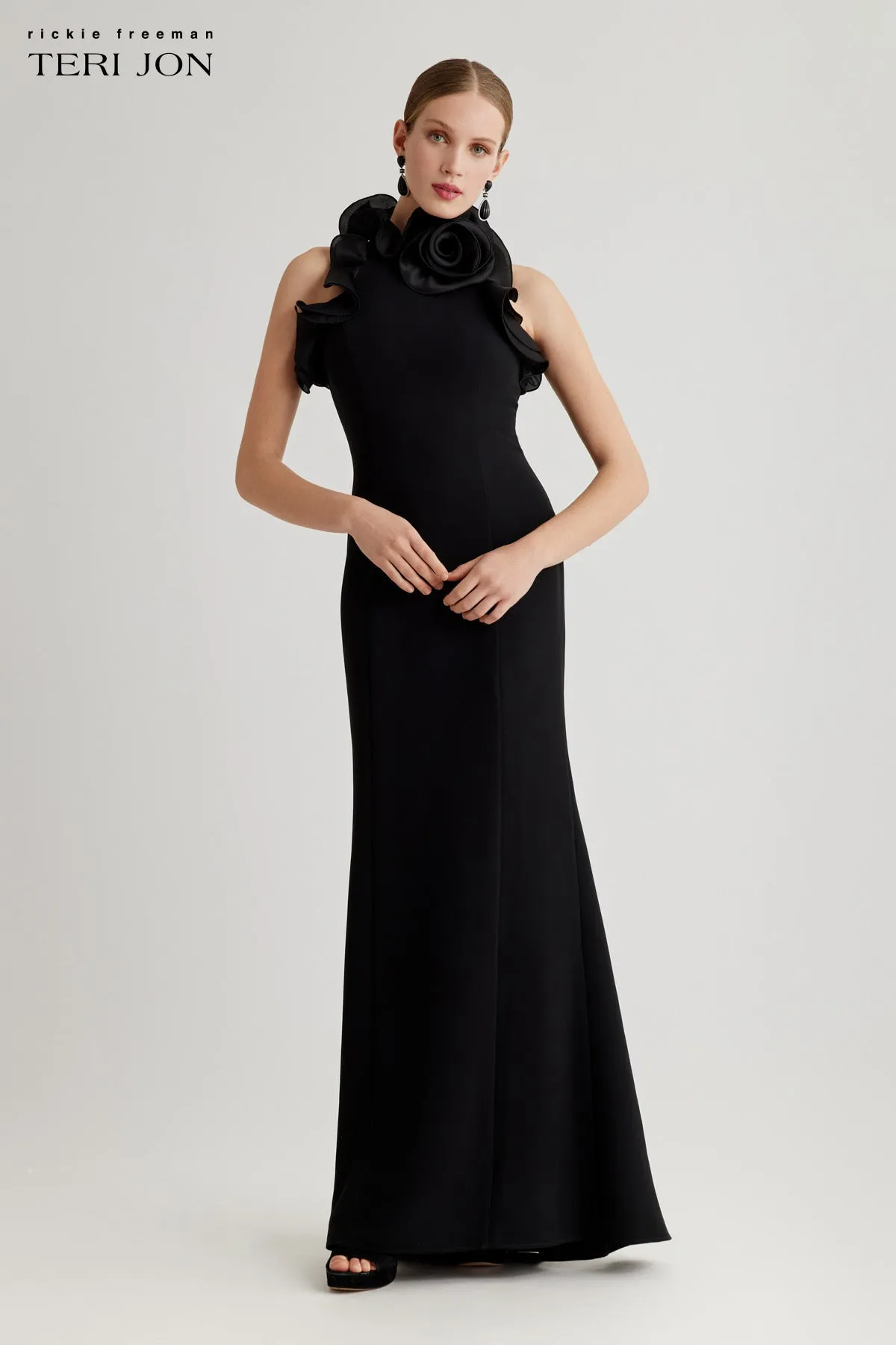 Stretch Crepe Organza Ruffle Neck Halter Gown sold by Teri Jon product image thumbnail 2
