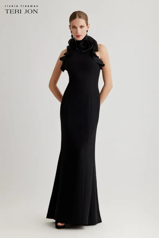 Stretch Crepe Organza Ruffle Neck Halter Gown made by Teri Jon