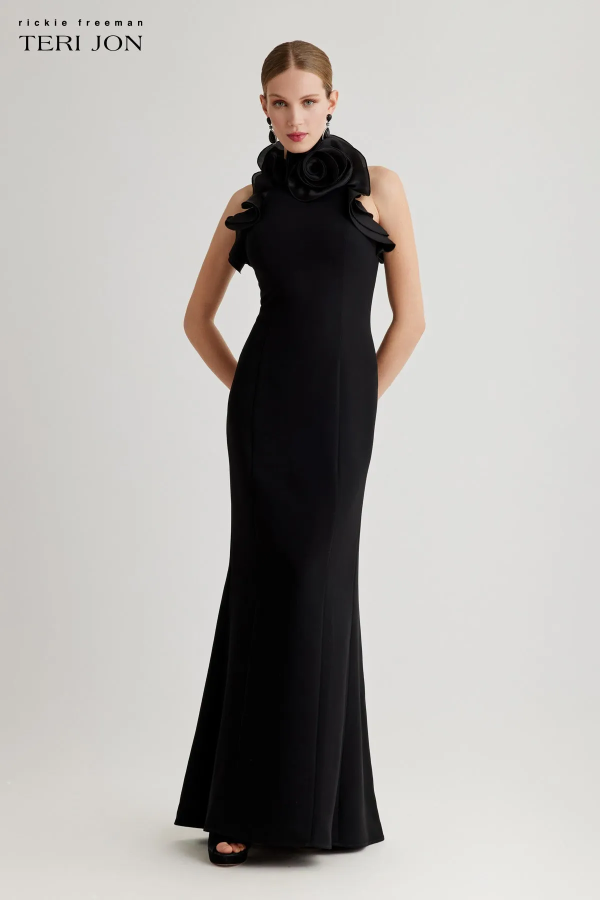 Stretch Crepe Organza Ruffle Neck Halter Gown sold by Teri Jon