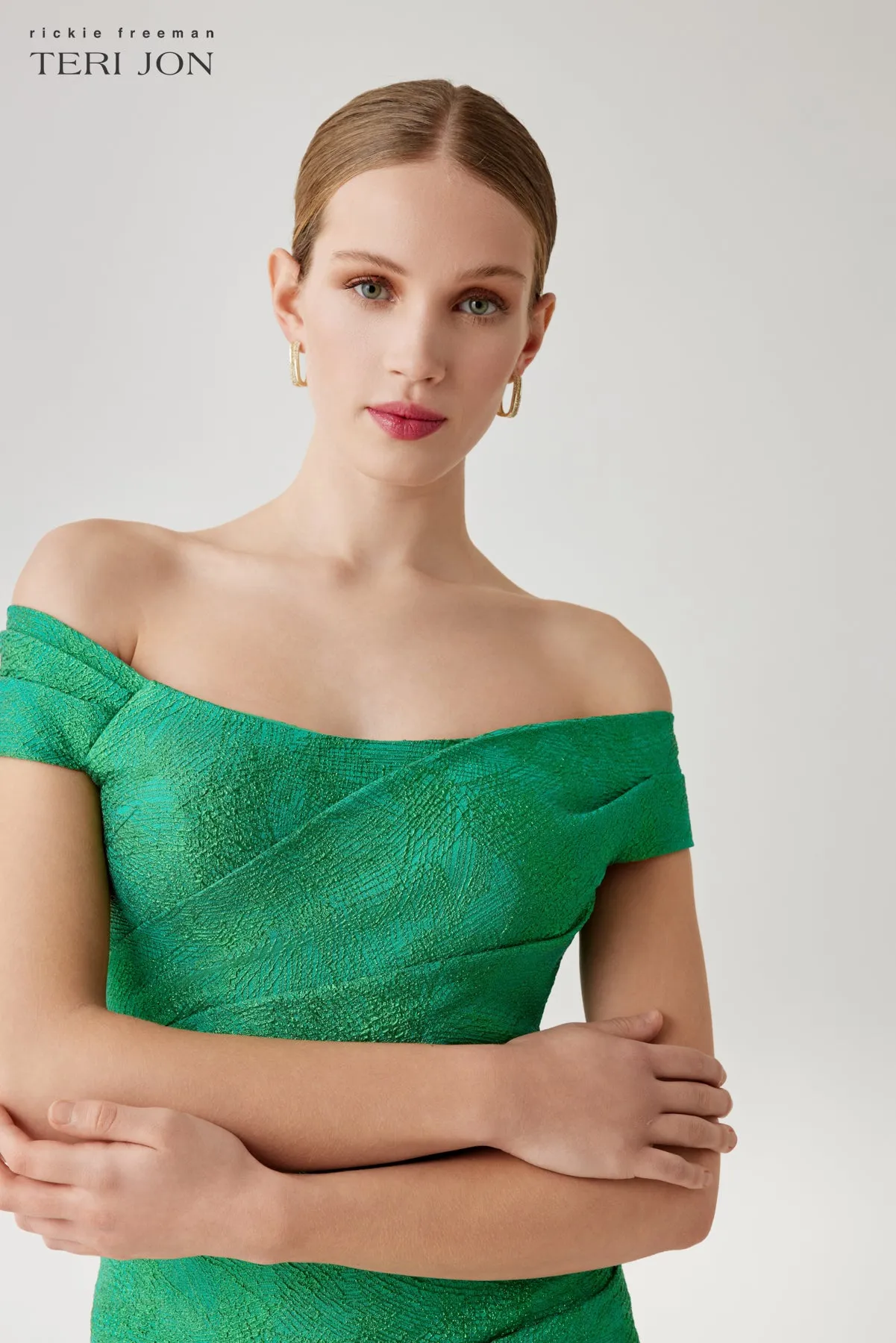 Shimmer Jacquard Off The Shoulder Ruched Gown sold by Teri Jon product image thumbnail 3