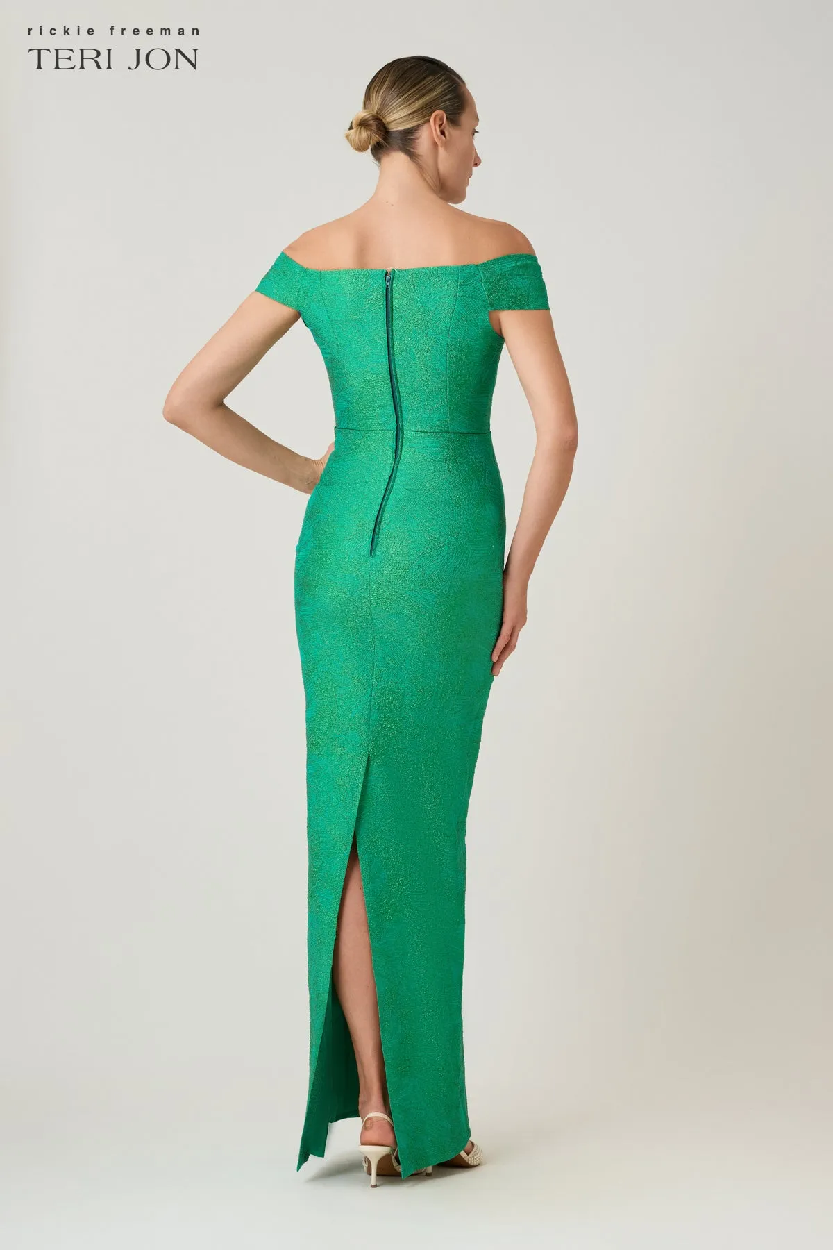 Shimmer Jacquard Off The Shoulder Ruched Gown sold by Teri Jon product image thumbnail 4