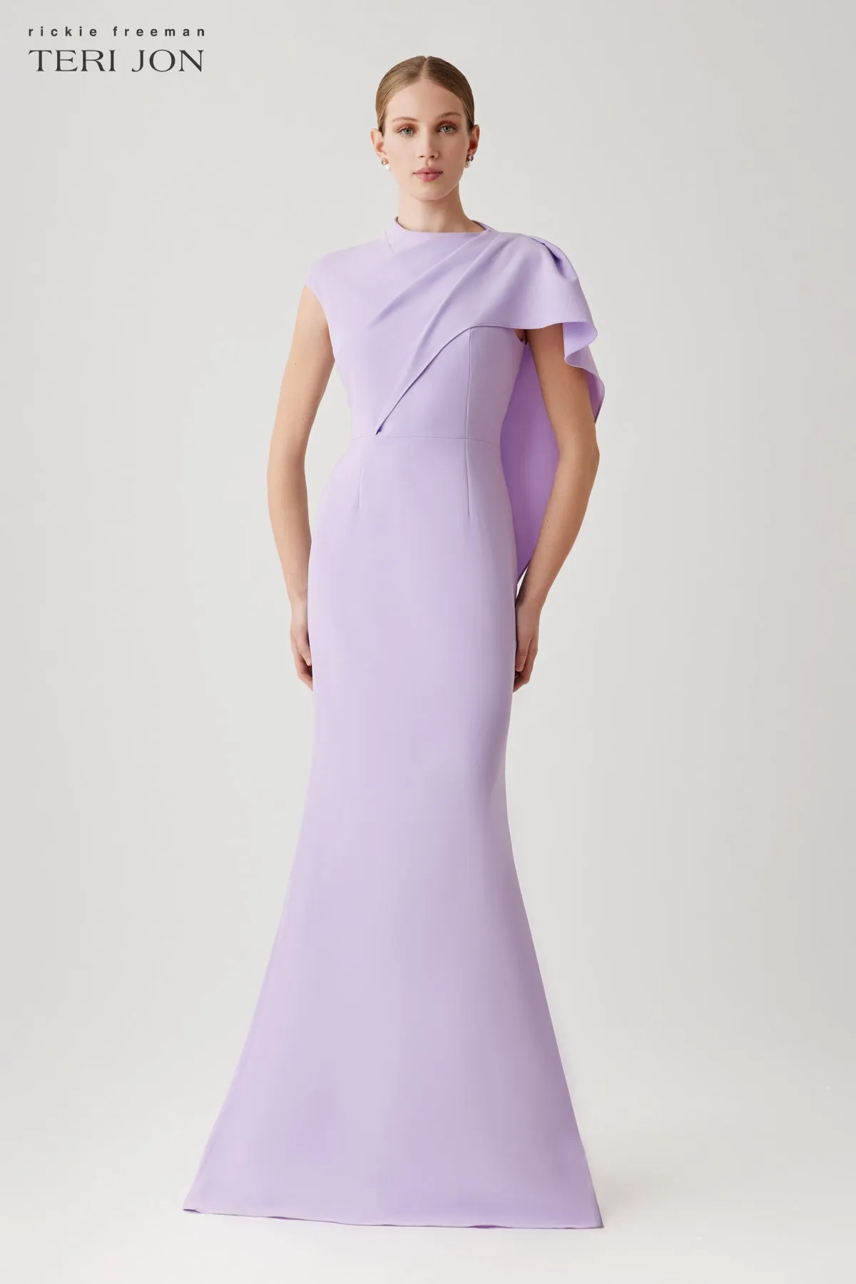 Crepe Asymmetric Side Drape Cape Gown sold by Teri Jon product image thumbnail 2
