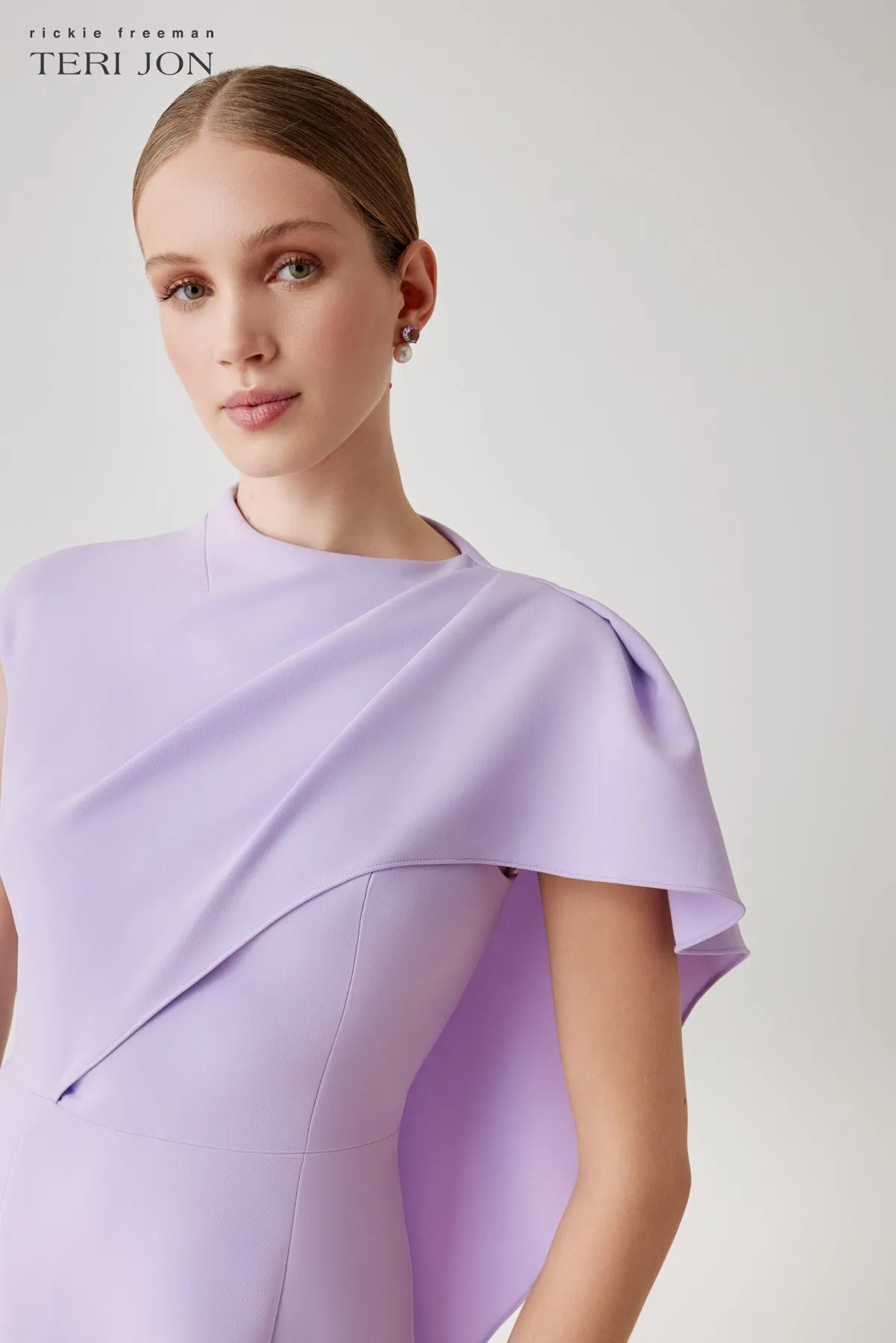 Crepe Asymmetric Side Drape Cape Gown sold by Teri Jon product image thumbnail 3