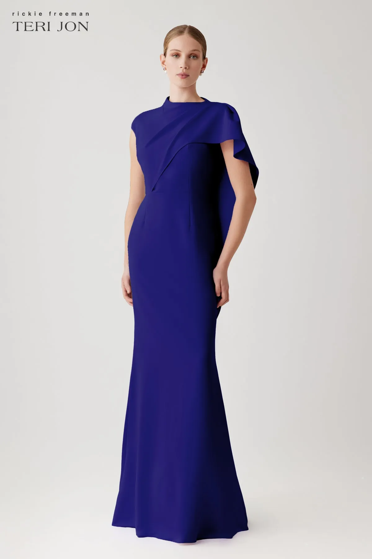 Crepe Asymmetric Side Drape Cape Gown sold by Teri Jon product image thumbnail 5