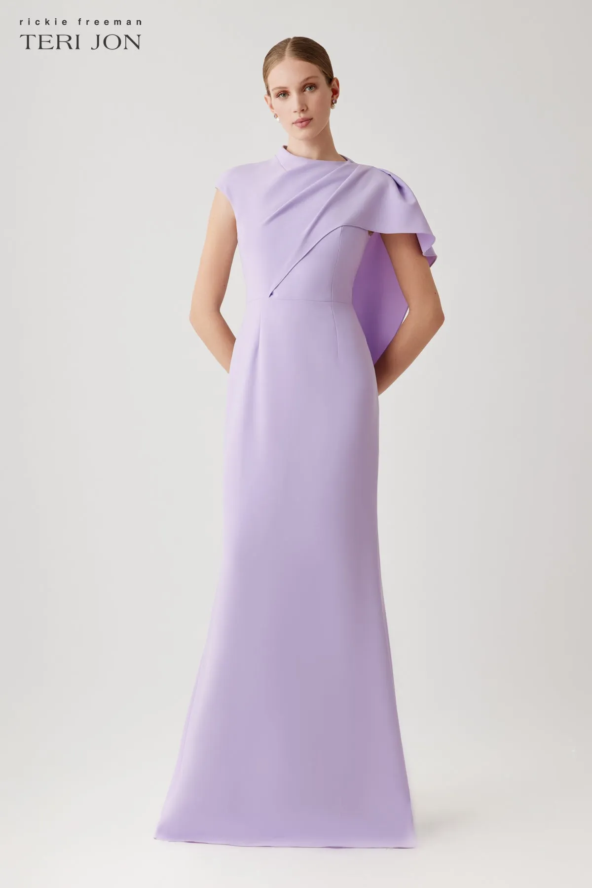 Crepe Asymmetric Side Drape Cape Gown sold by Teri Jon