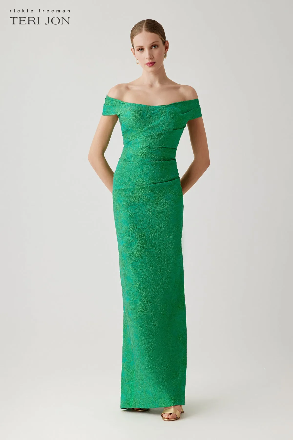 Shimmer Jacquard Ruched Gown sold by Teri Jon