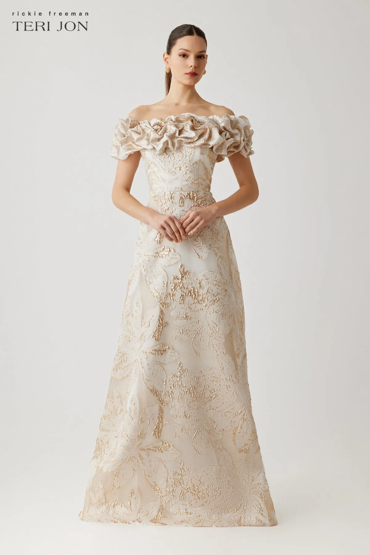 Metallic Jacquard Off The Shoulder Gown sold by Teri Jon