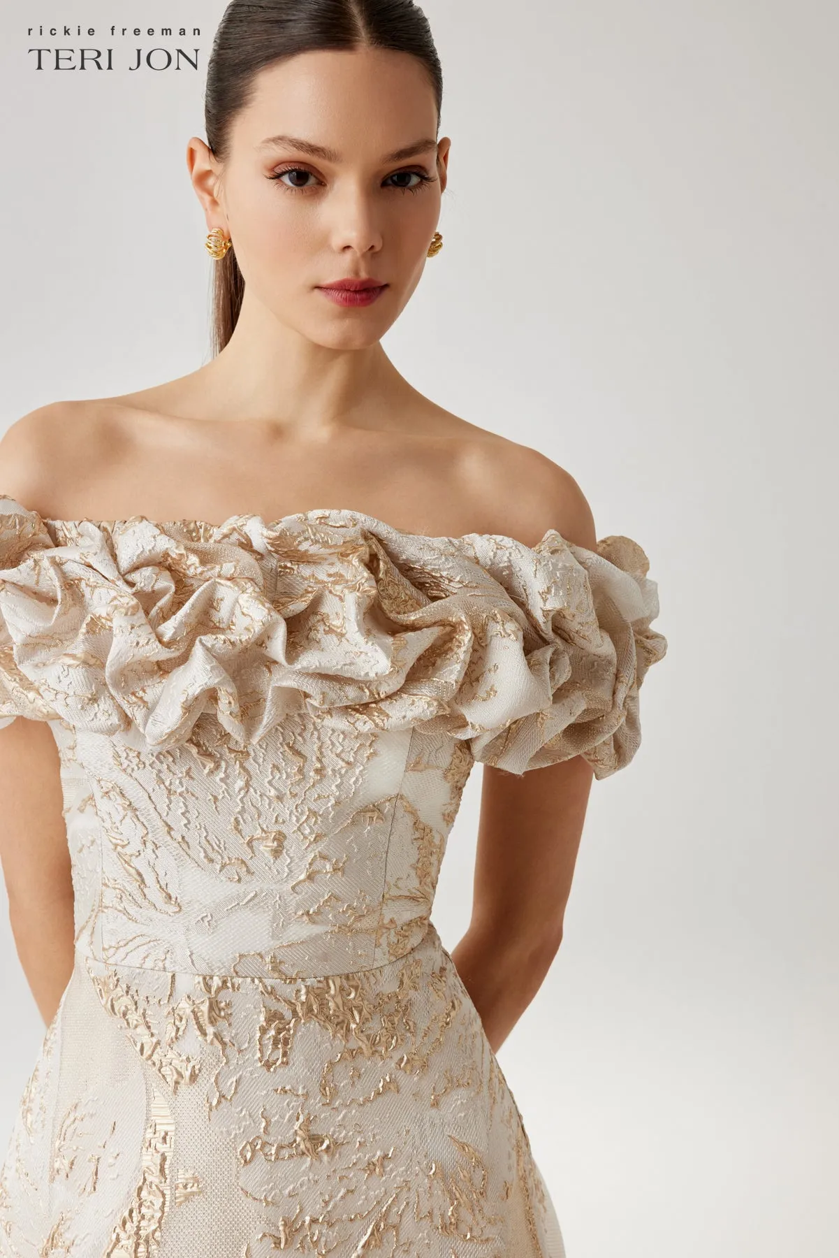 Metallic Jacquard Off The Shoulder Gown sold by Teri Jon product image thumbnail 3