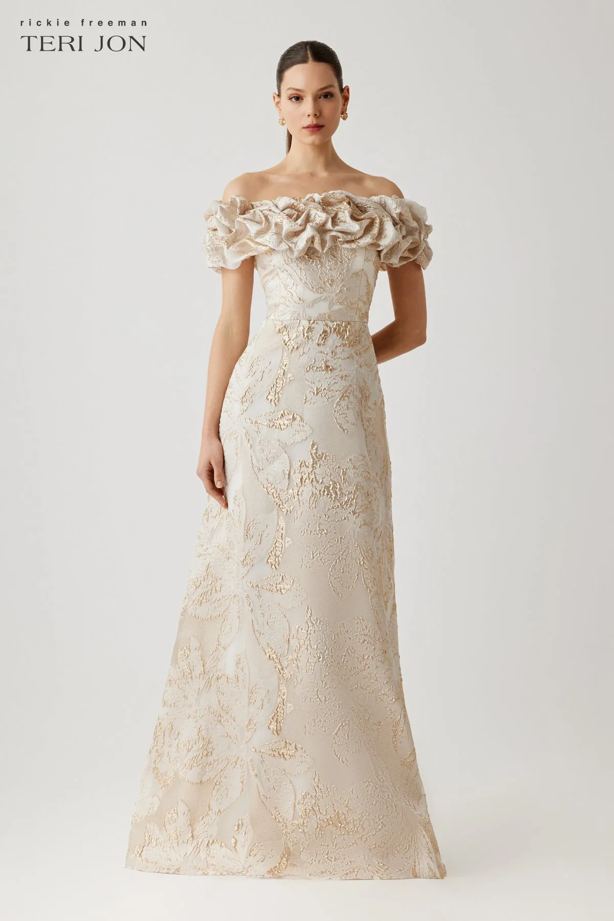 Metallic Jacquard Off The Shoulder Gown sold by Teri Jon product image thumbnail 2