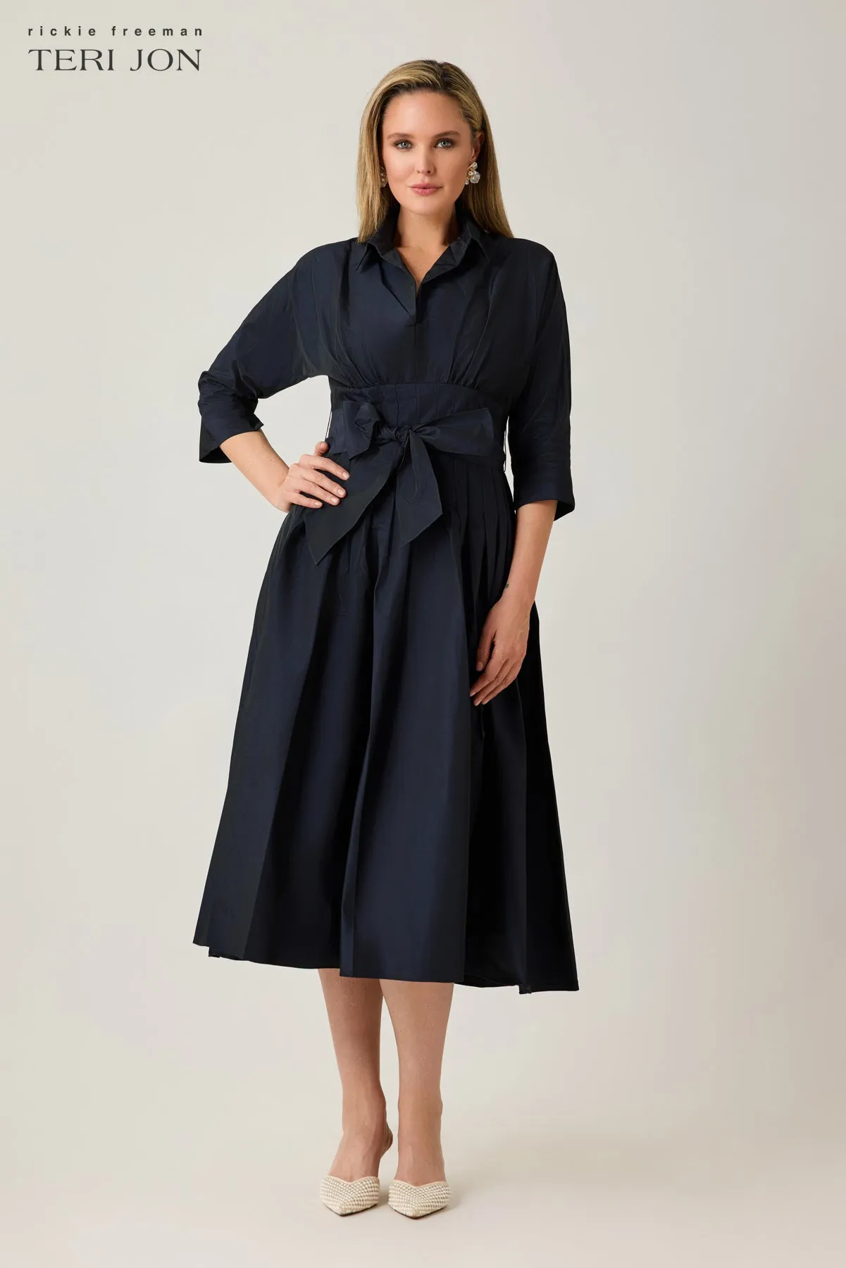 Taffeta Tea Length Shirt Dress (with Waist Seam Detail) sold by Teri Jon product image thumbnail 3