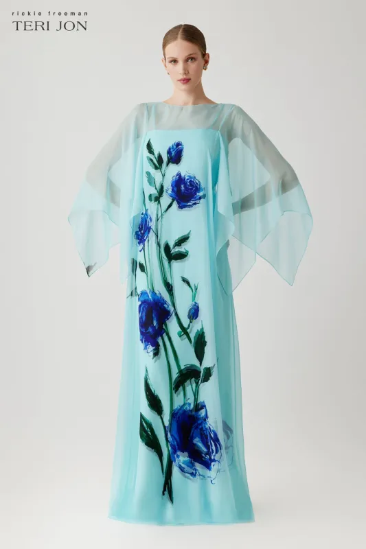 Chiffon Cape Floral Printed Overlay Gown made by Teri Jon