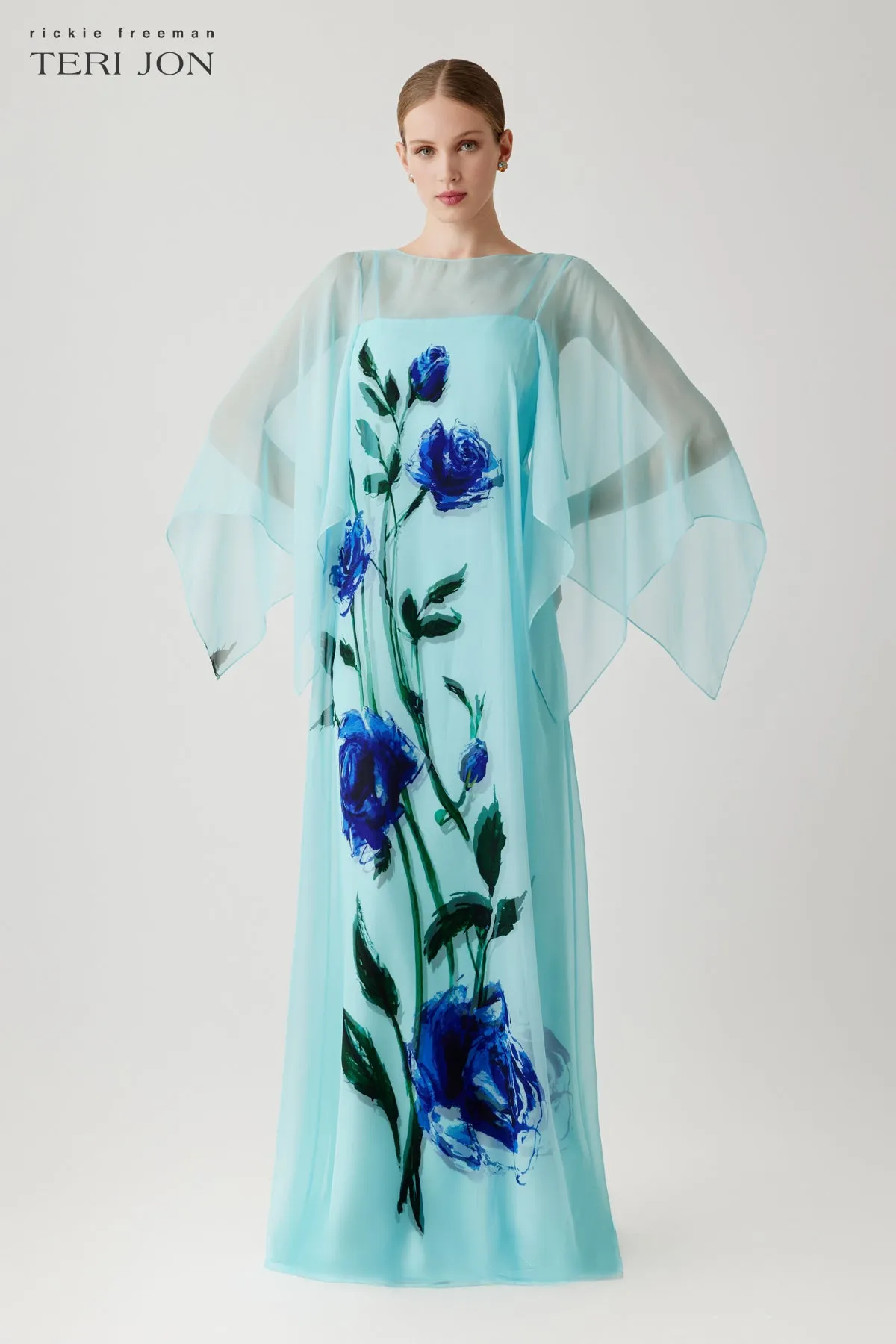 Chiffon Cape Floral Printed Overlay Gown sold by Teri Jon