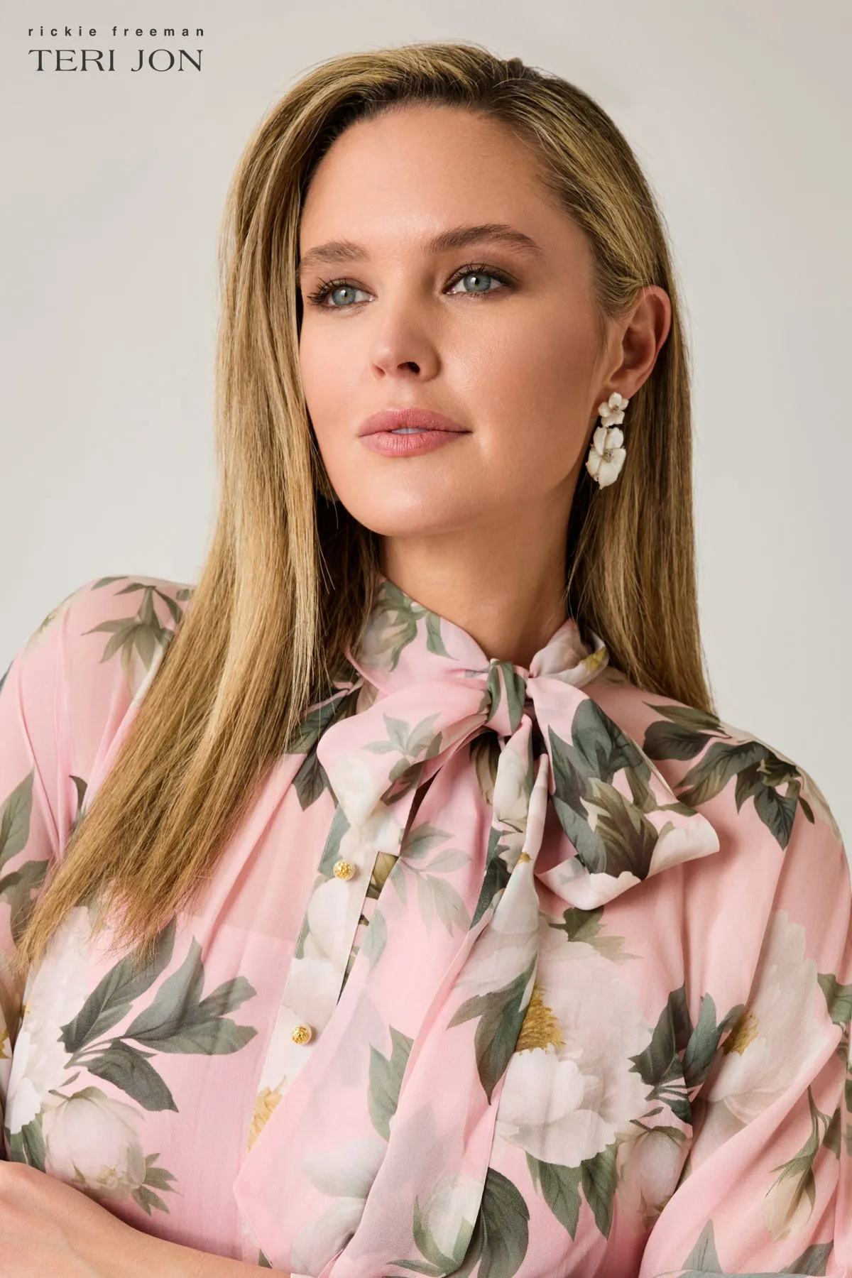 Chiffon Floral Printed Tie Neck Gown sold by Teri Jon product image thumbnail 5
