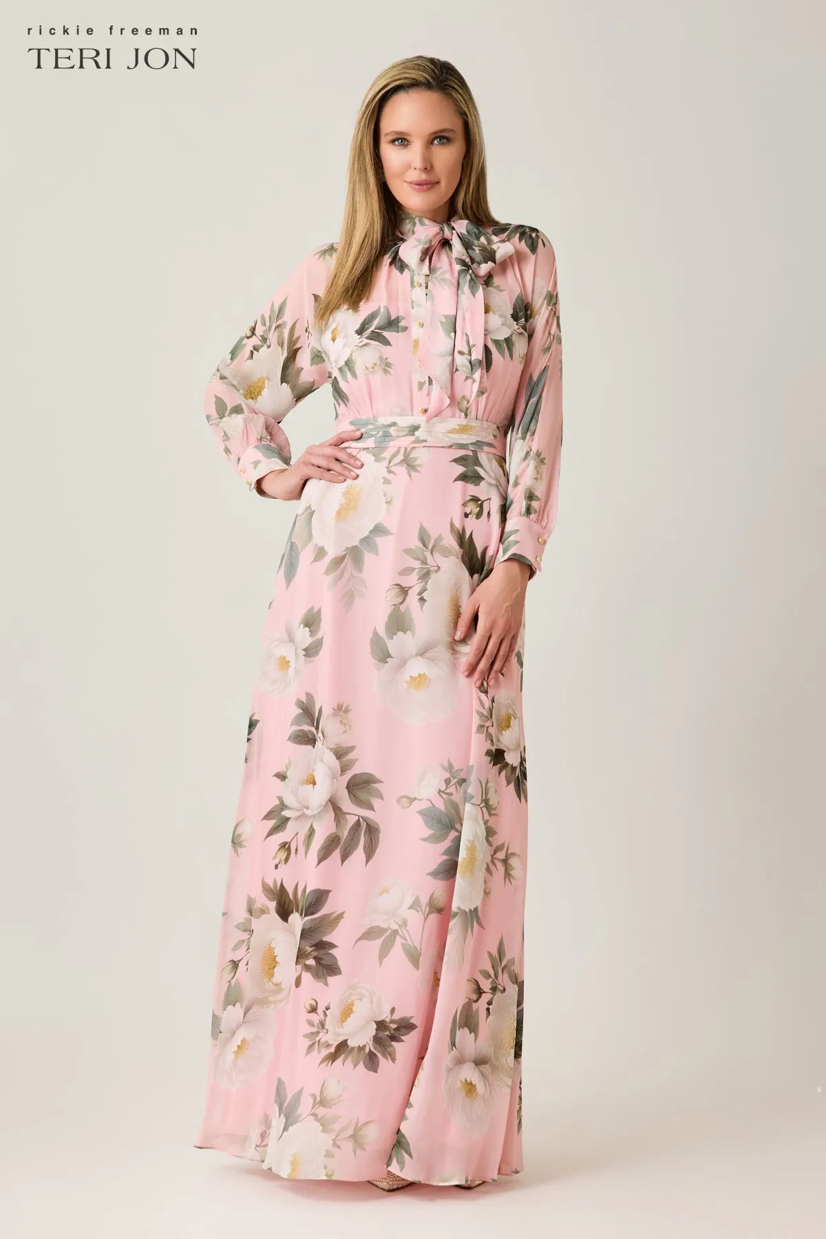 Chiffon Floral Printed Tie Neck Gown sold by Teri Jon product image thumbnail 2