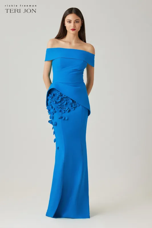 Scuba Off The Shoulder Cuff Peplum Gown with 3D Floral Trim made by Teri Jon
