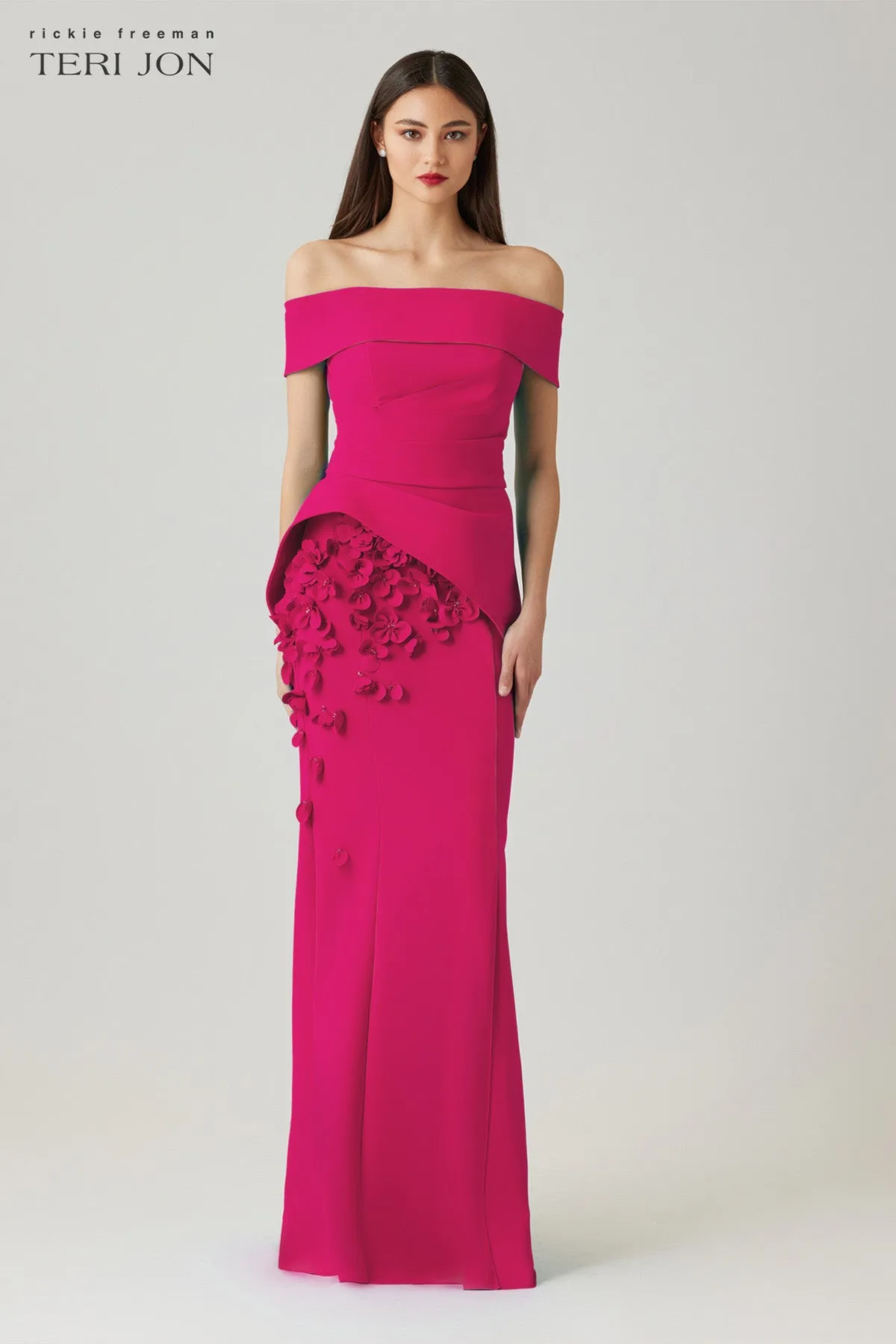 Scuba Off The Shoulder Cuff Peplum Gown with 3D Floral Trim sold by Teri Jon product image thumbnail 5