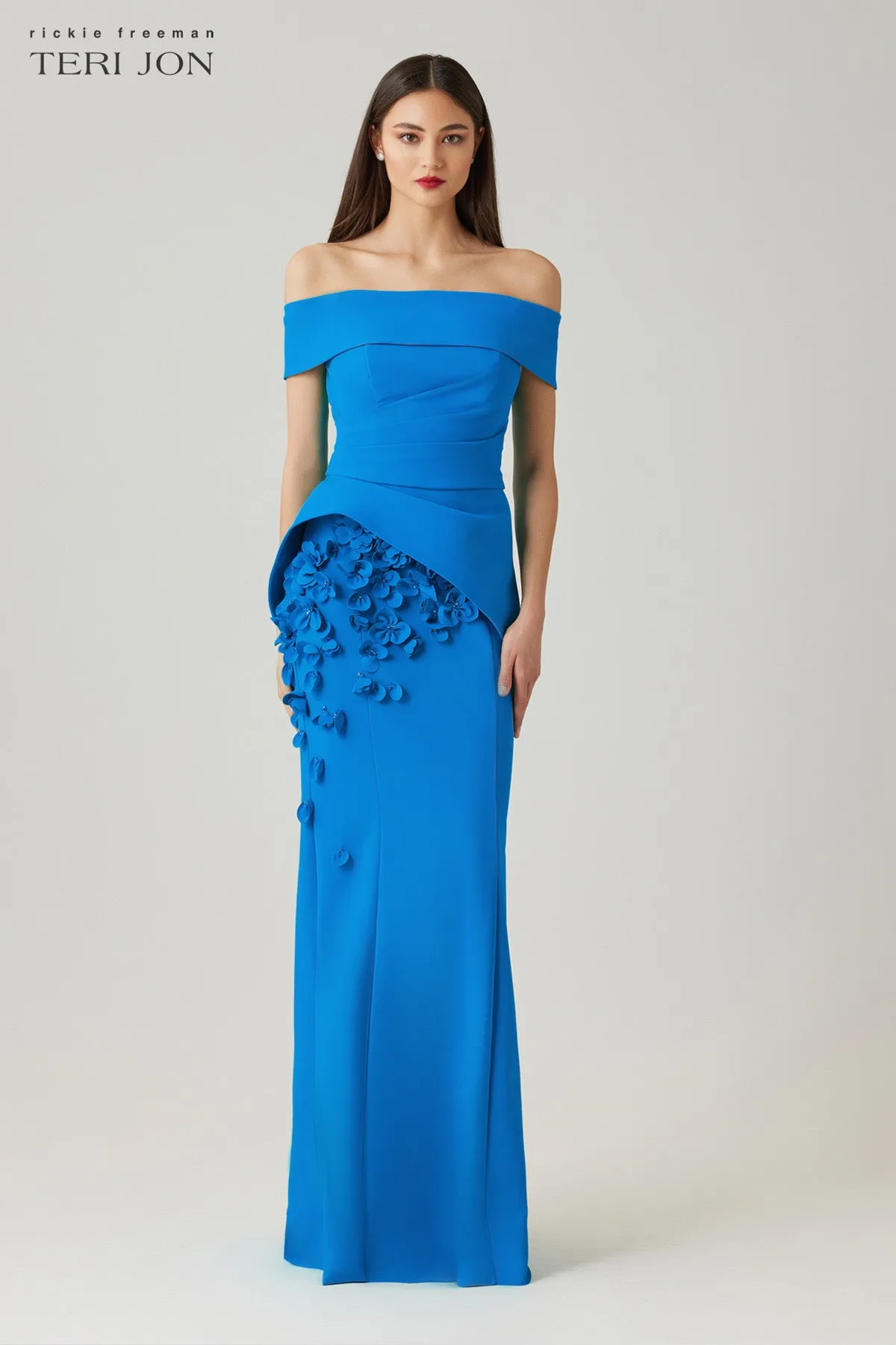 Scuba Off The Shoulder Cuff Peplum Gown with 3D Floral Trim sold by Teri Jon product image thumbnail 2