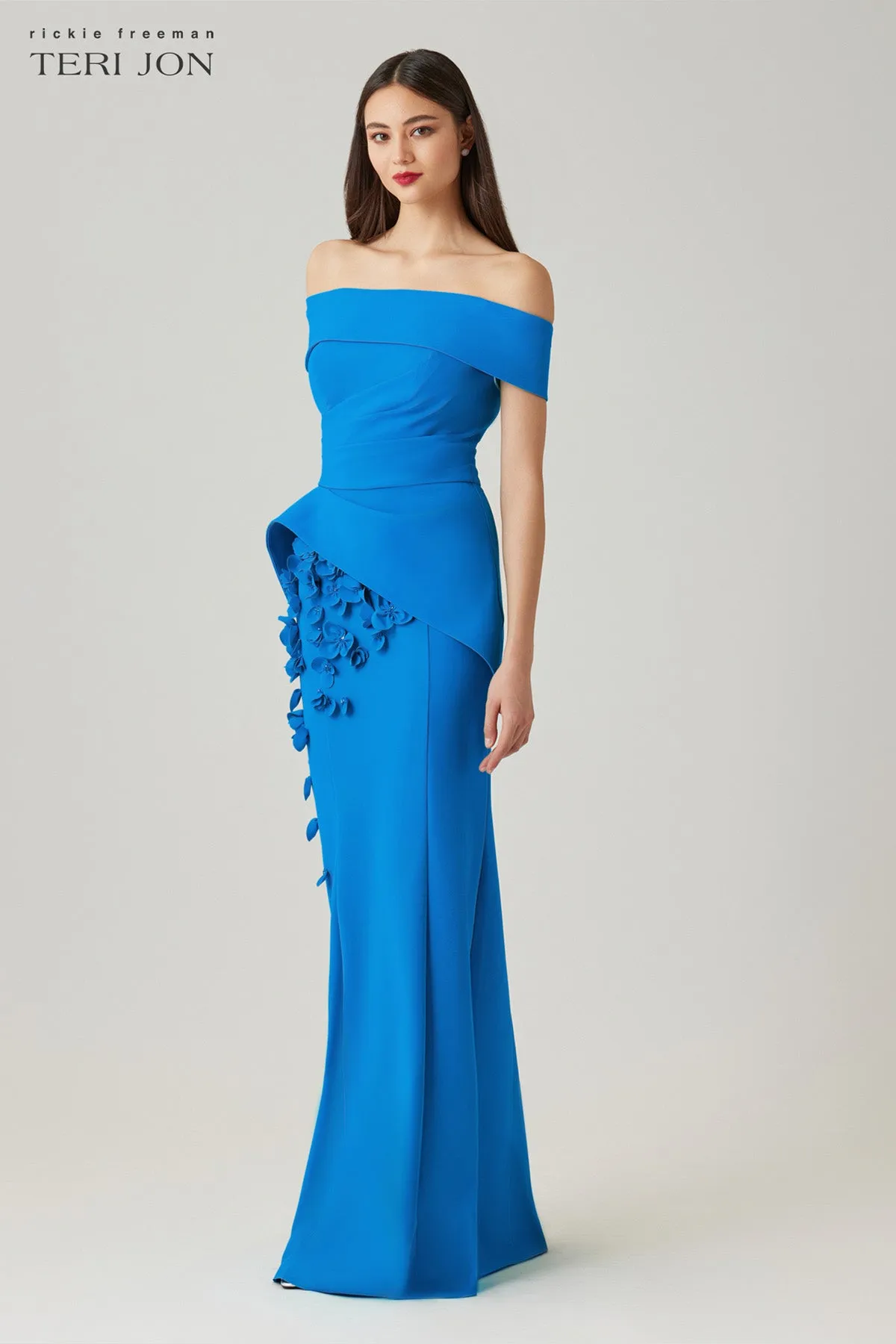 Scuba Off The Shoulder Cuff Peplum Gown with 3D Floral Trim sold by Teri Jon product image thumbnail 3