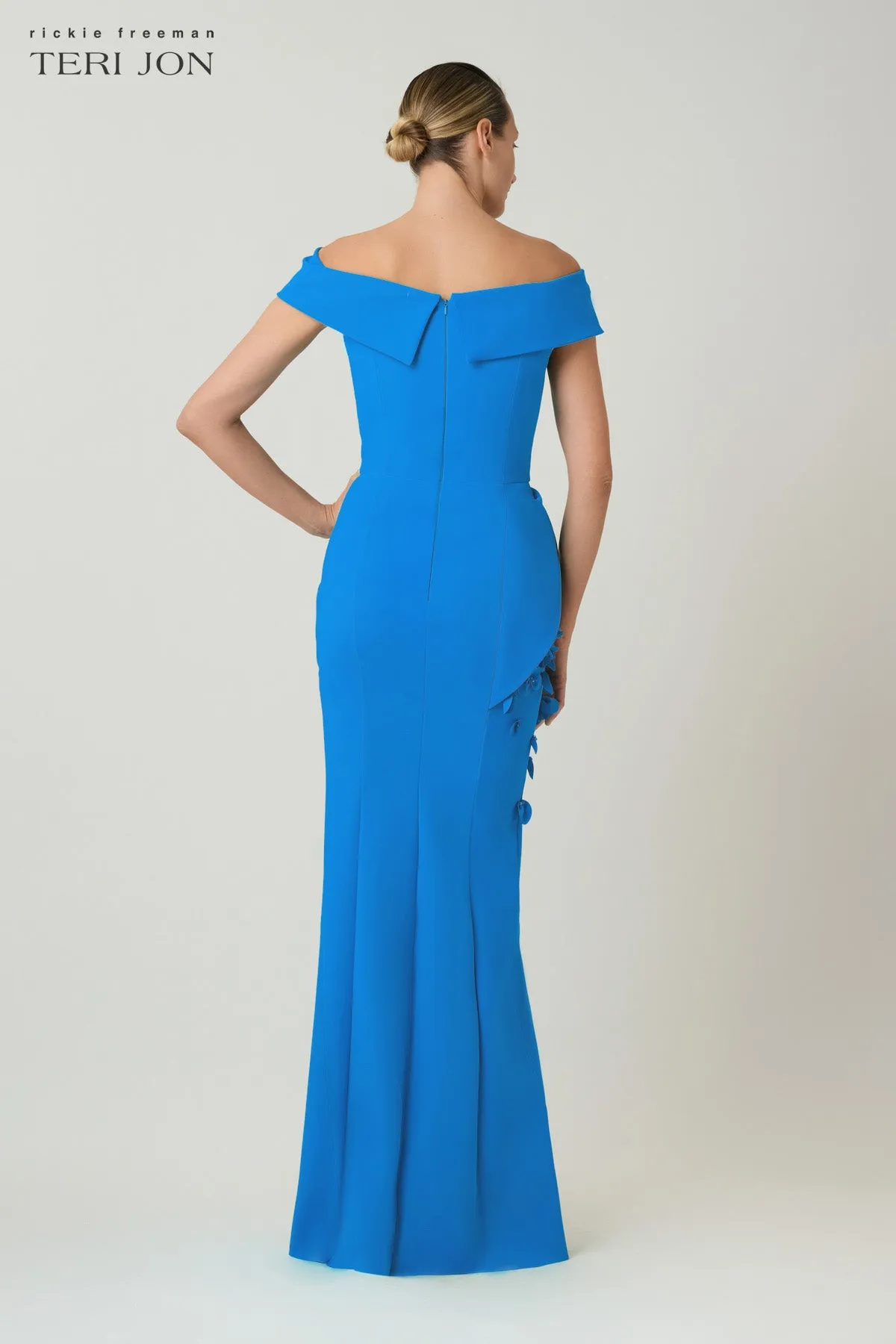 Scuba Off The Shoulder Cuff Peplum Gown with 3D Floral Trim sold by Teri Jon product image thumbnail 4