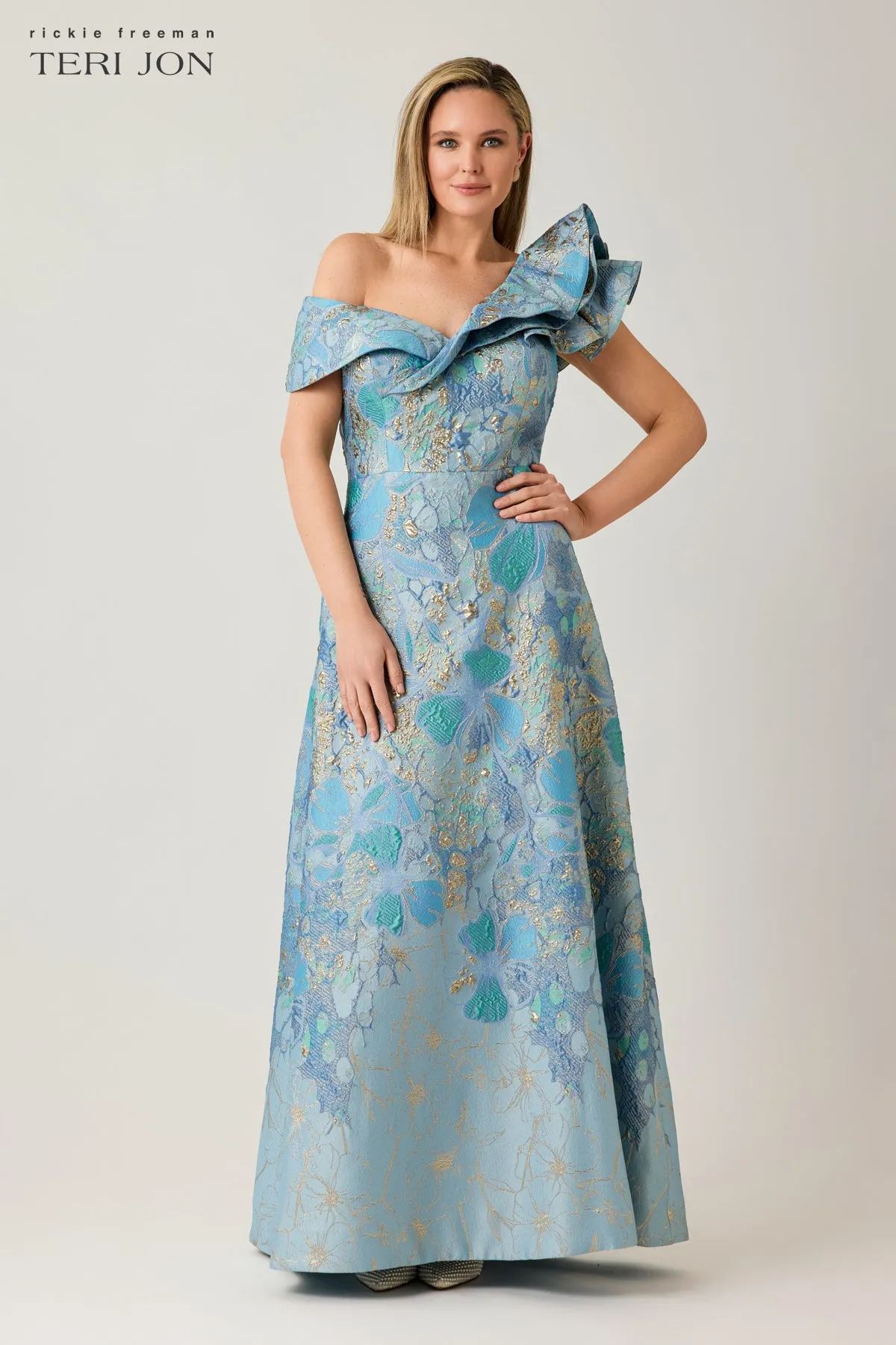 Metallic Jacquard Ruffle Off The Shoulder A Line Gown sold by Teri Jon product image thumbnail 2