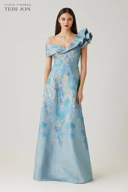 Metallic Jacquard Ruffle Off The Shoulder A Line Gown made by Teri Jon