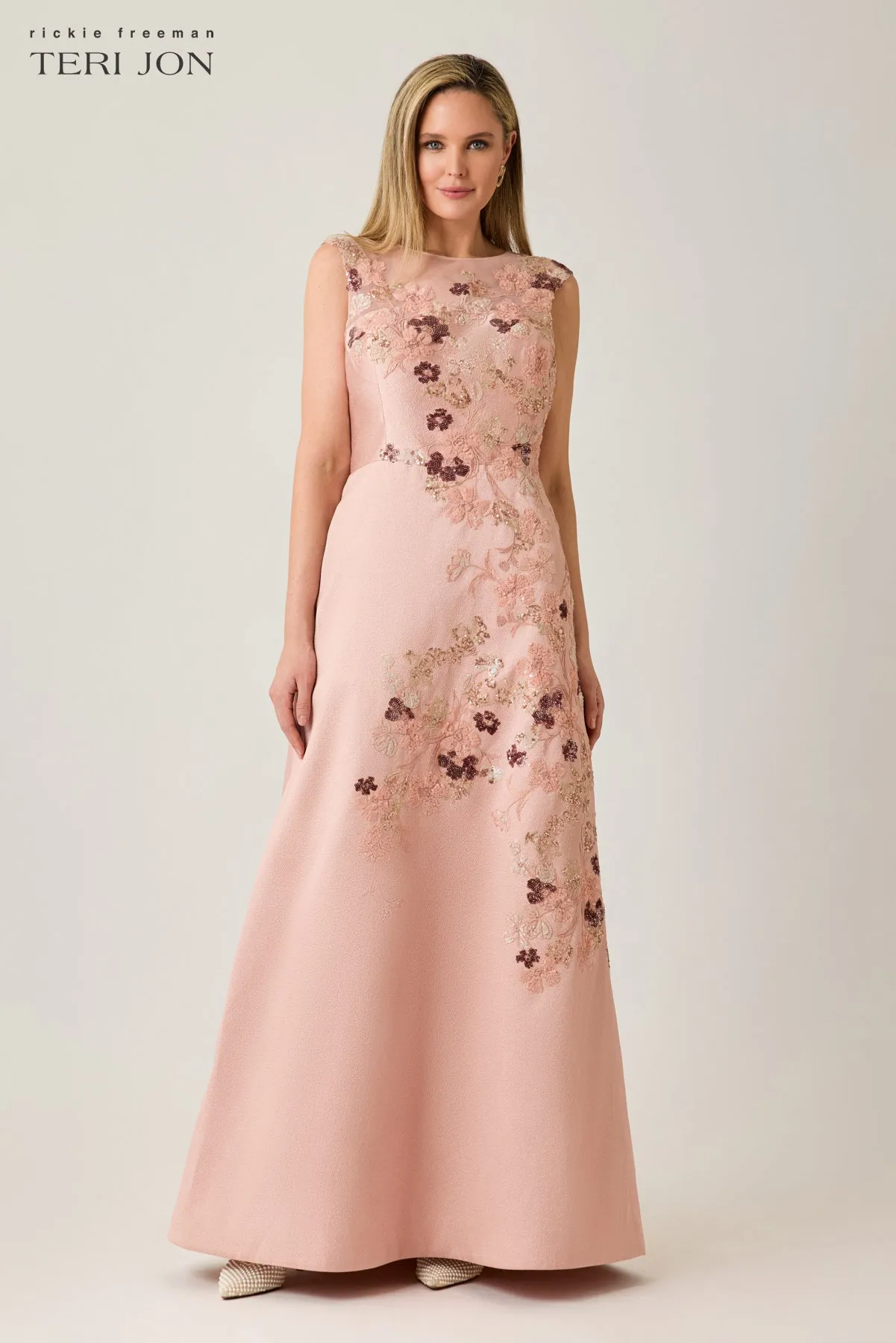 Metallic Jacquard Beaded Lace Applique A-Line Gown sold by Teri Jon product image thumbnail 2